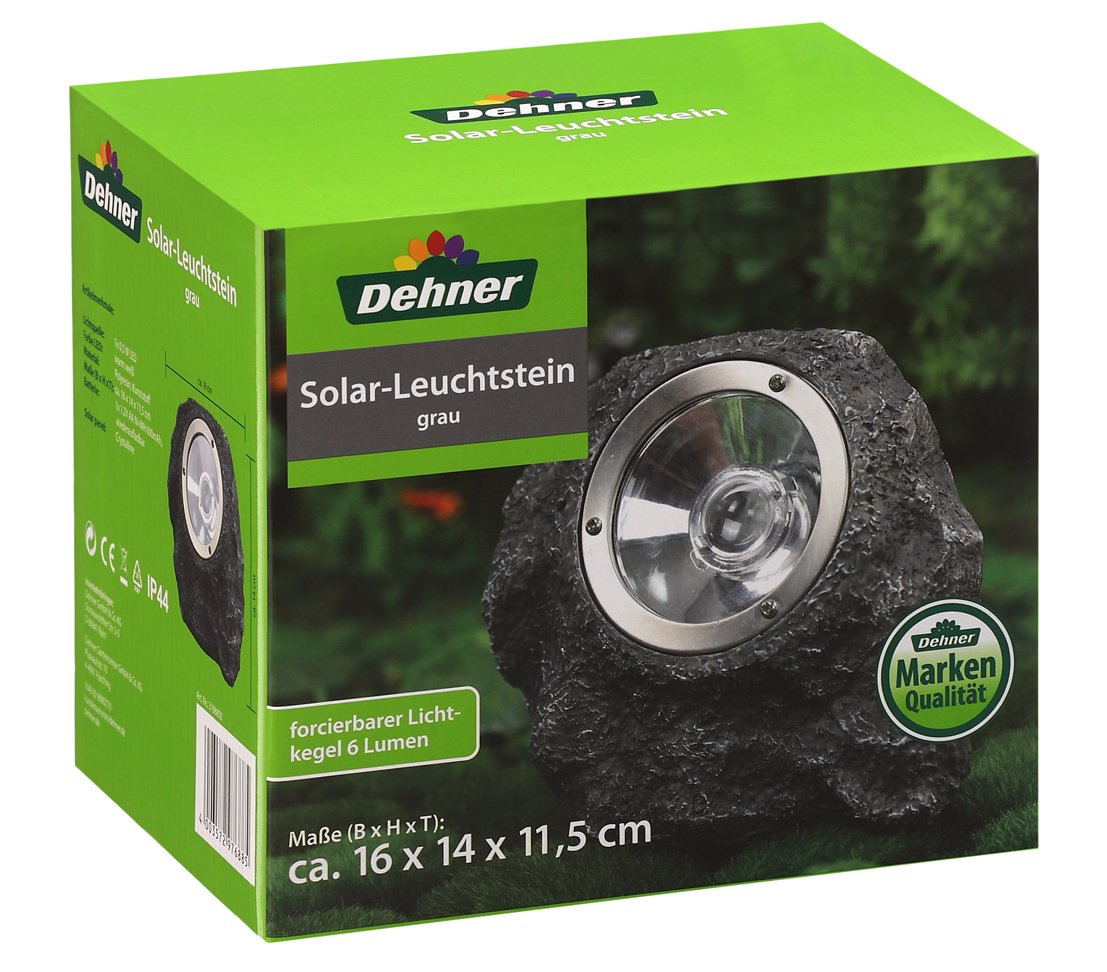 Dehner Solar Leuchtstein 16 cm grau mit Dämmerungssensor