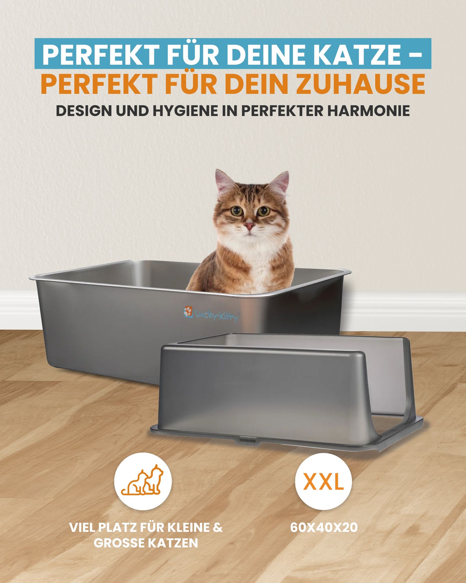 Lucky-Kitty Katzentoilette XXL Edelstahl Natur Katzenklo mit Haube