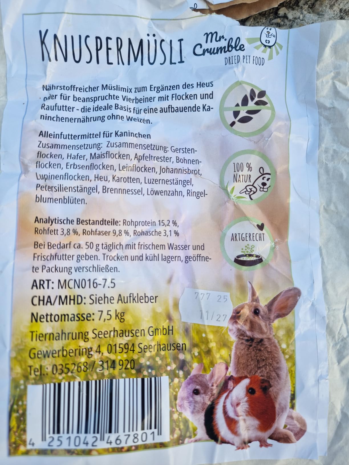 Mr. Crumble Kaninchenfutter Knuspermüsli 1,5 kg weizenfrei
