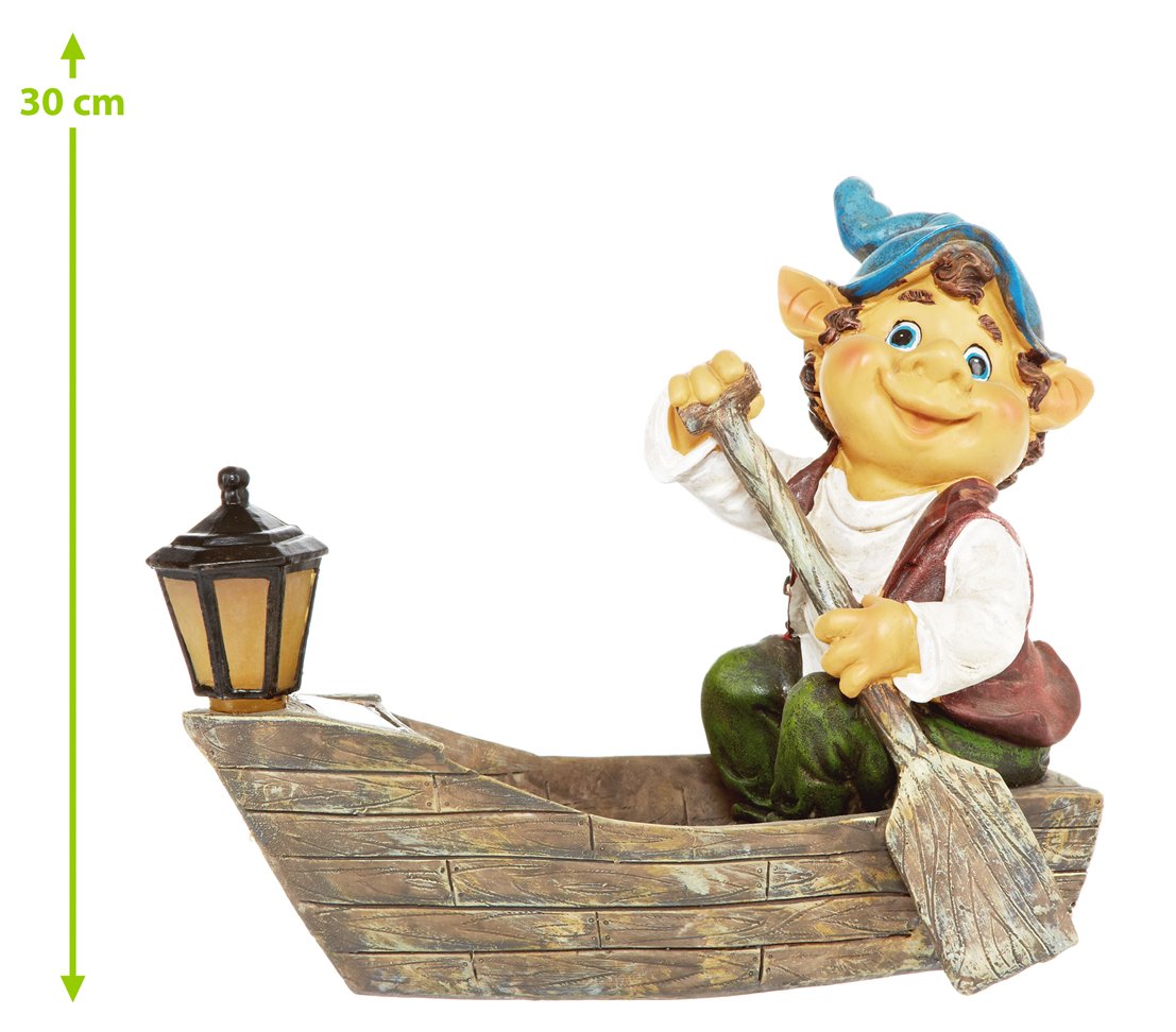 Dehner Premium Lovely Solar-Gartenzwerg im Boot Dekofigur 32,5 cm