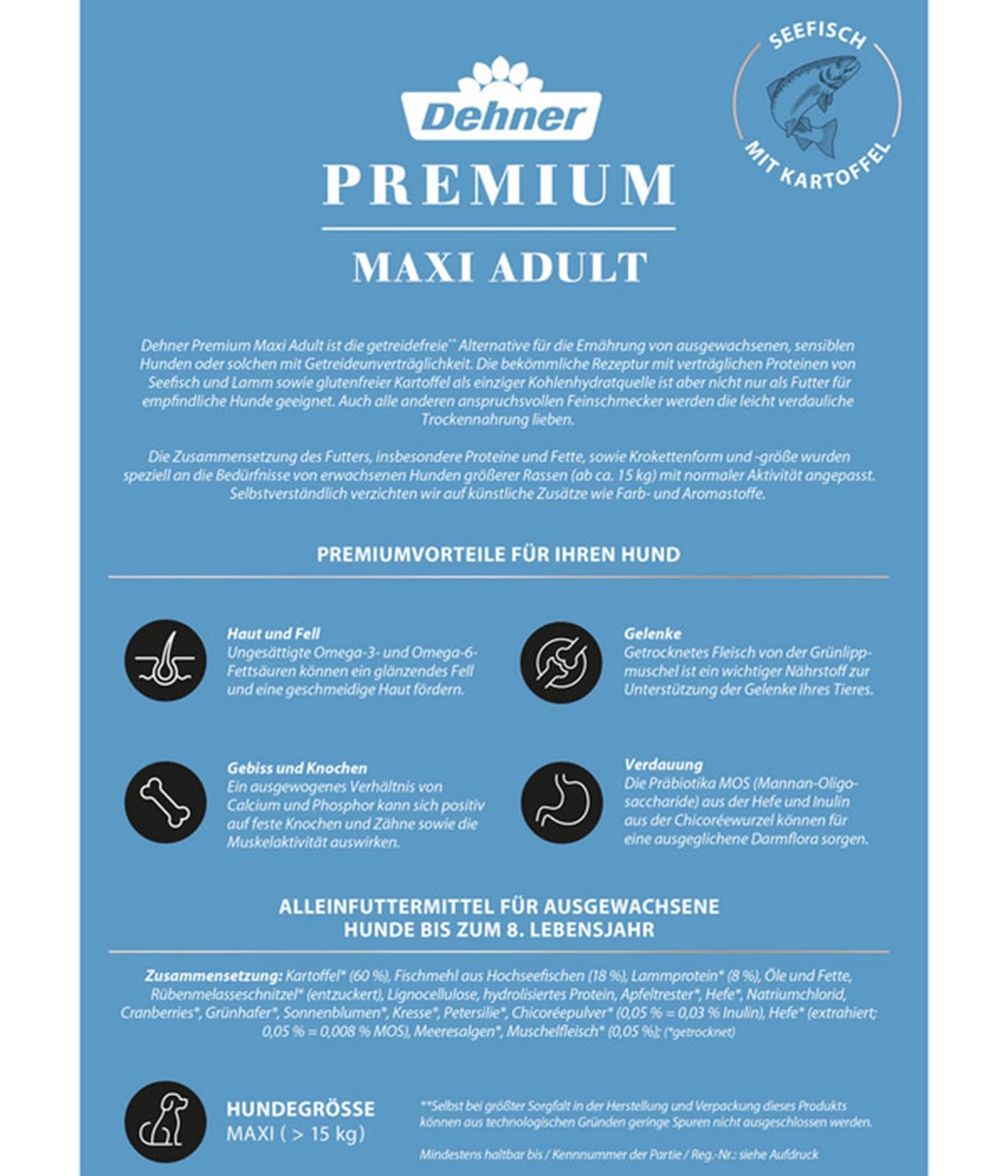 Dehner Premium Maxi Adult Trockenfutter 4kg getreidefrei