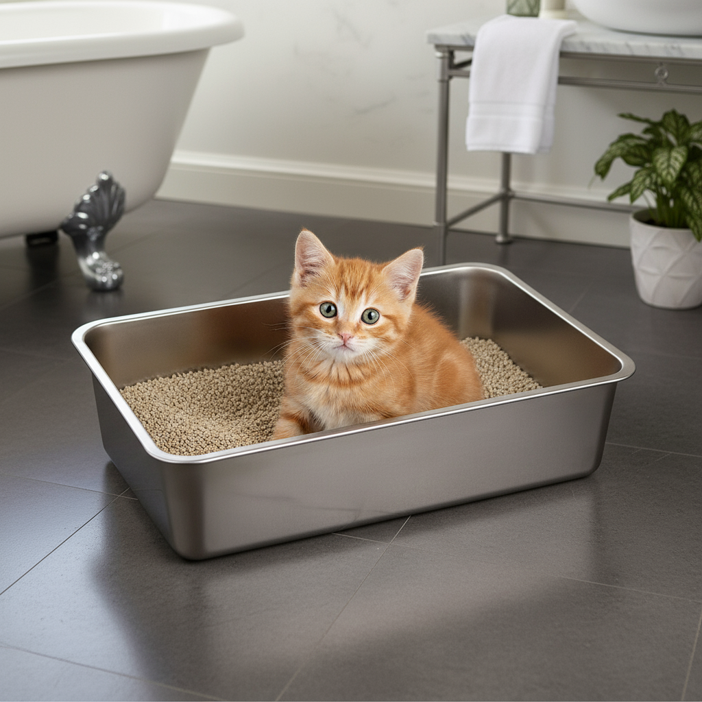 Lucky-Kitty Katzentoilette Kitten Edelstahl Weiß mattiert 40x30x10 cm