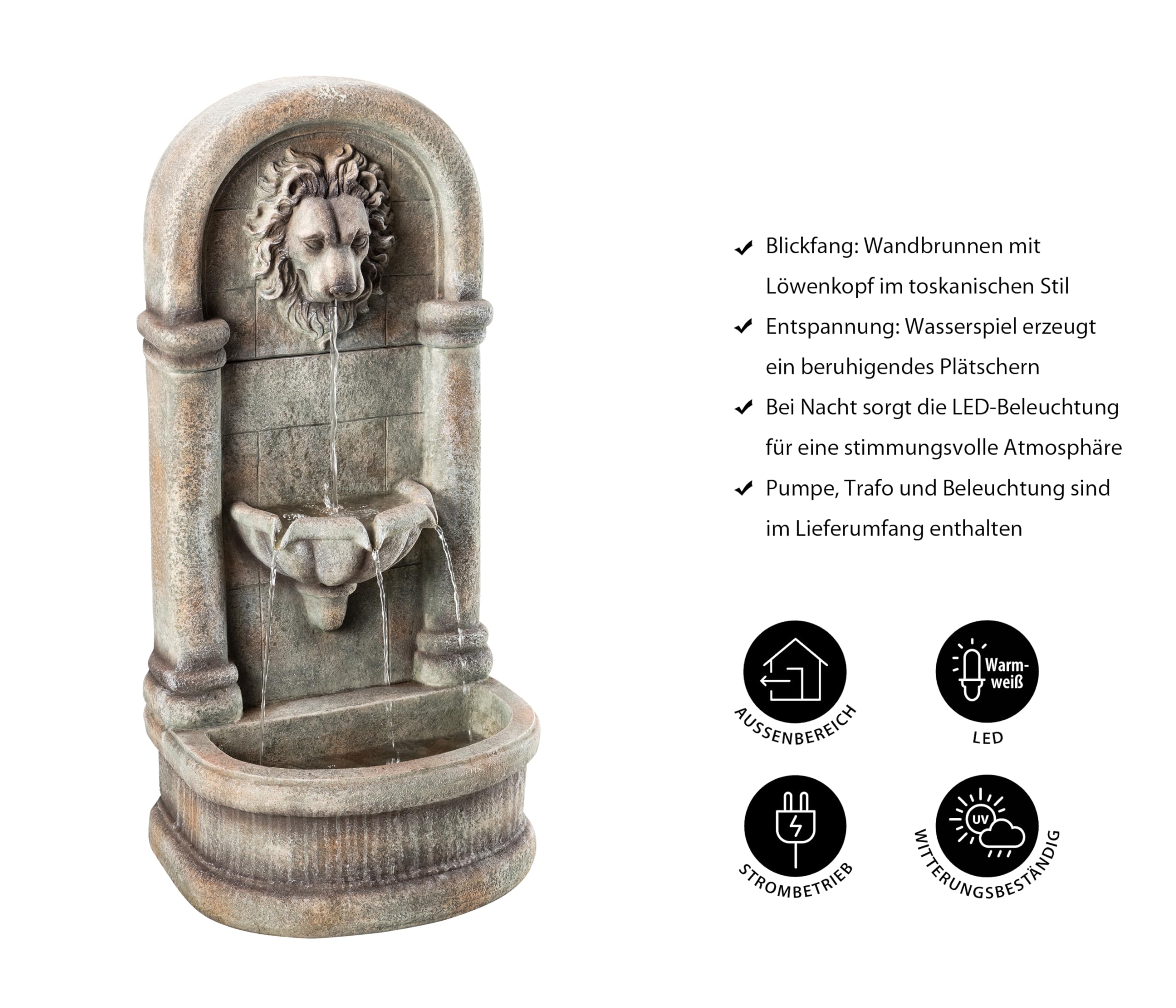 Dehner Premium Lovely Faro Gartenwandbrunnen LED grau Polyresin