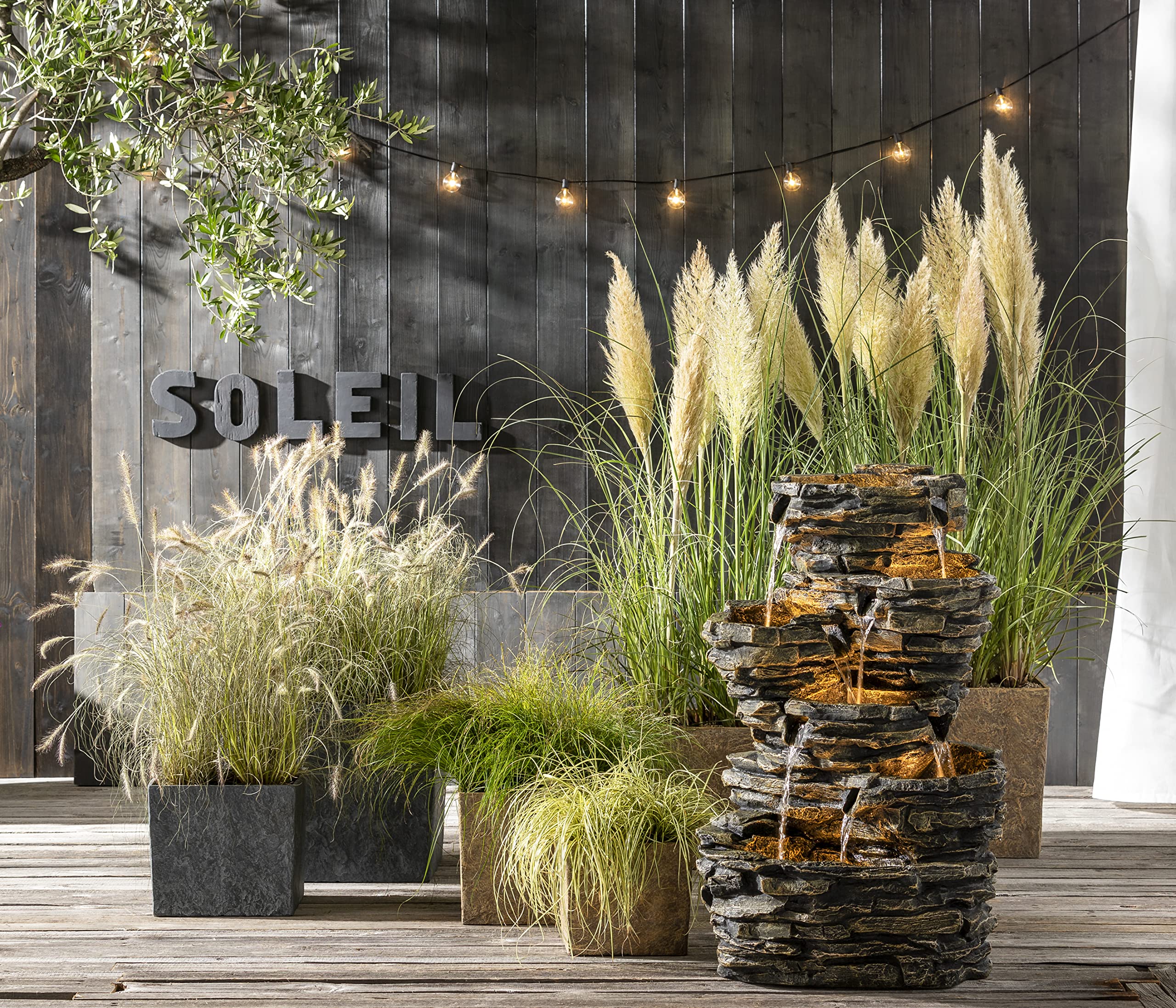 Dehner Largo Gartenbrunnen Steinoptik LED braun