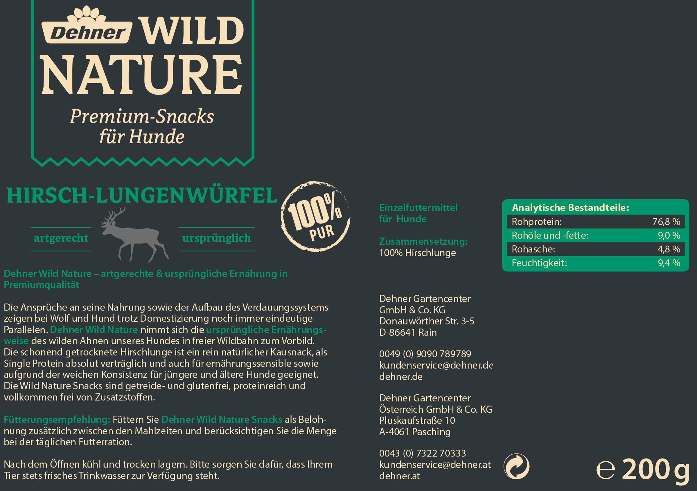 Dehner Wild Nature Hundesnack Hirsch-Lunge 200g