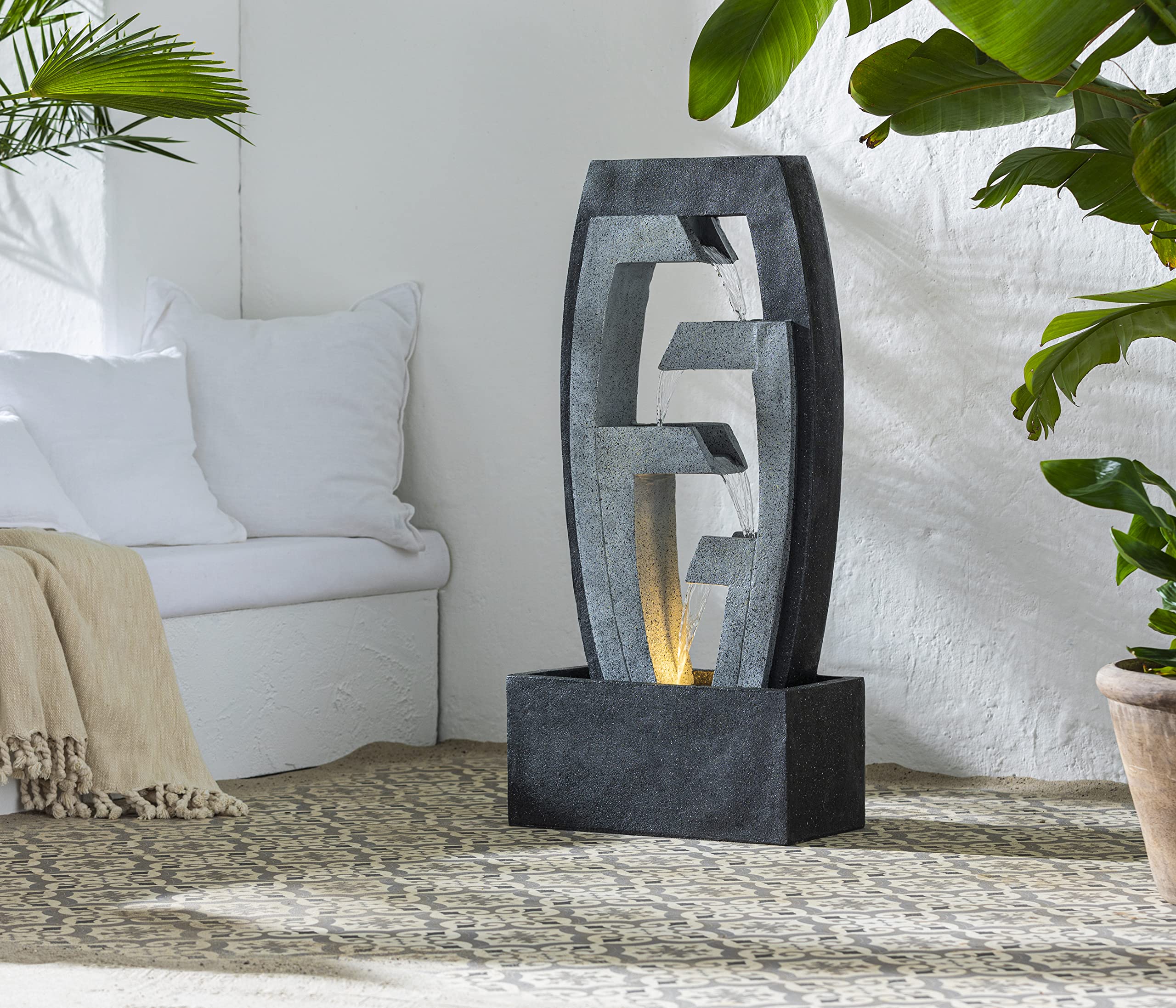 Dehner Tokio Gartenbrunnen grau LED Polyresin 92 cm