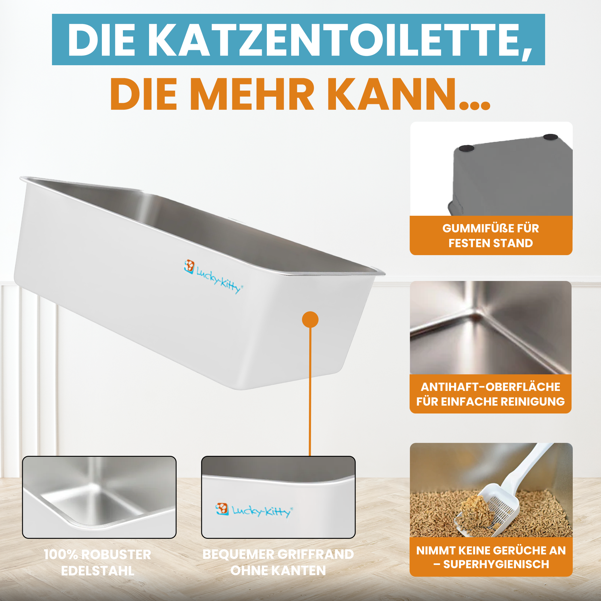 Lucky-Kitty Katzentoilette XXL Edelstahl Weiß mit Haube 50 l