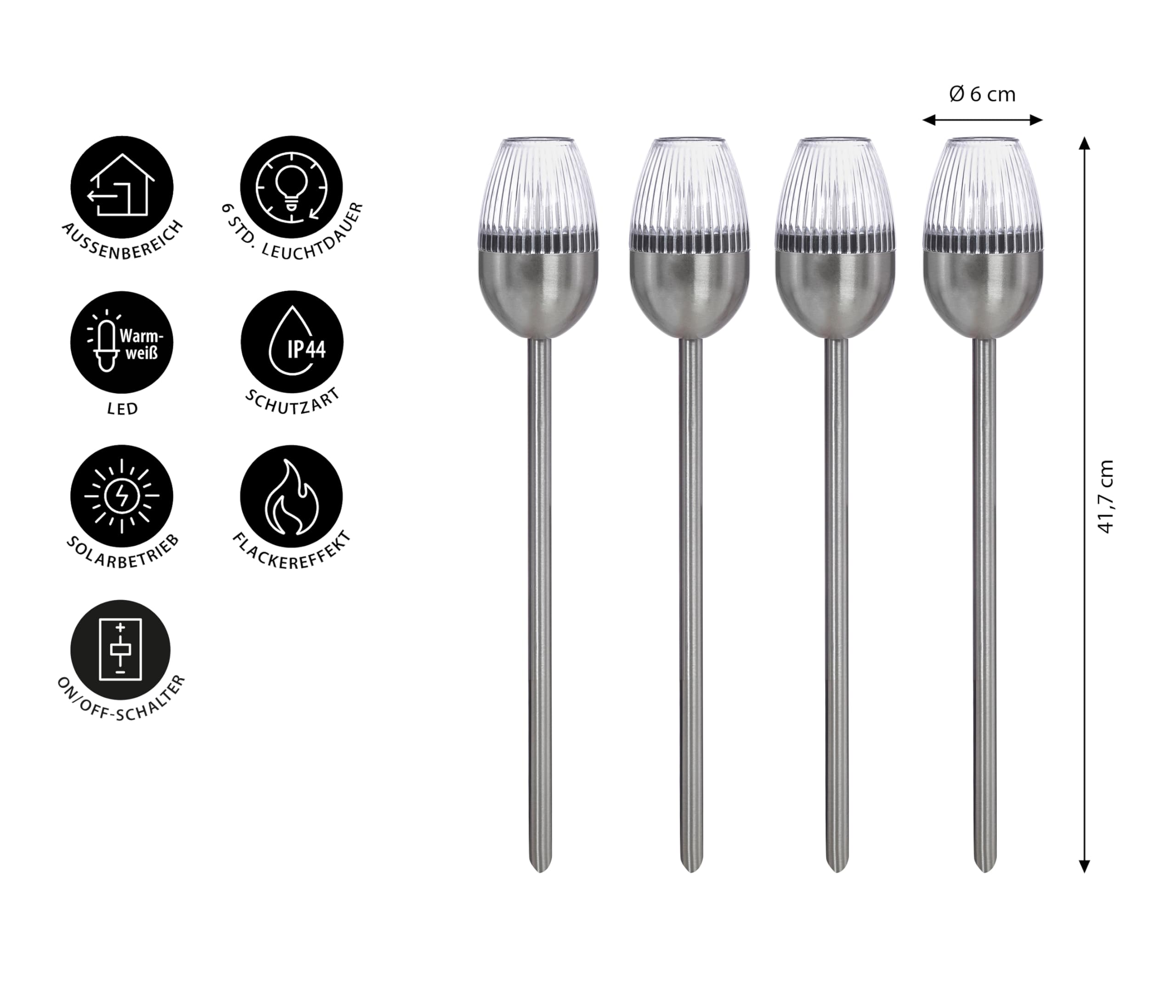 Dehner Solarleuchte Flame 4er Set Edelstahl silber
