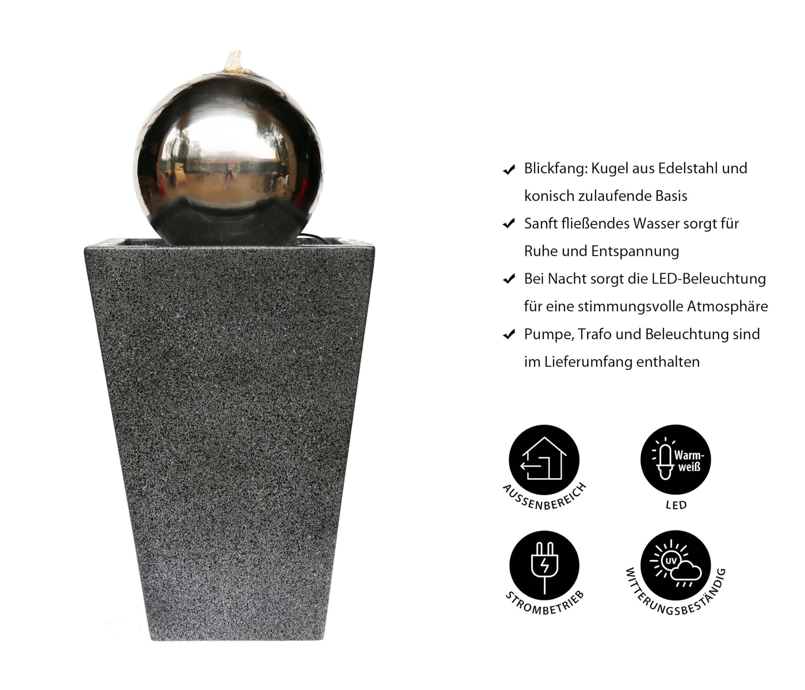 Dehner Kioto Gartenbrunnen Edelstahl Kugel LED