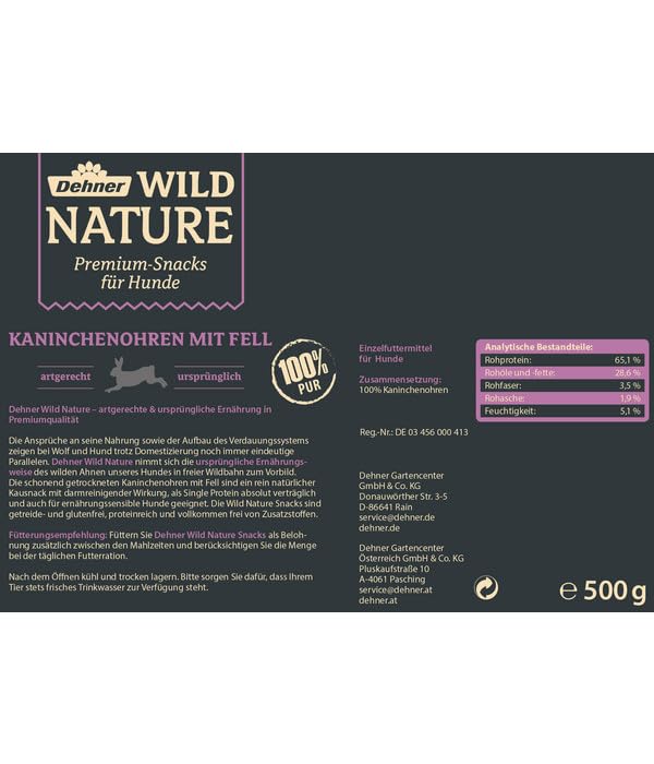 Dehner Wild Nature Kaninchenohren mit Fell Hundesnack 500g glutenfrei