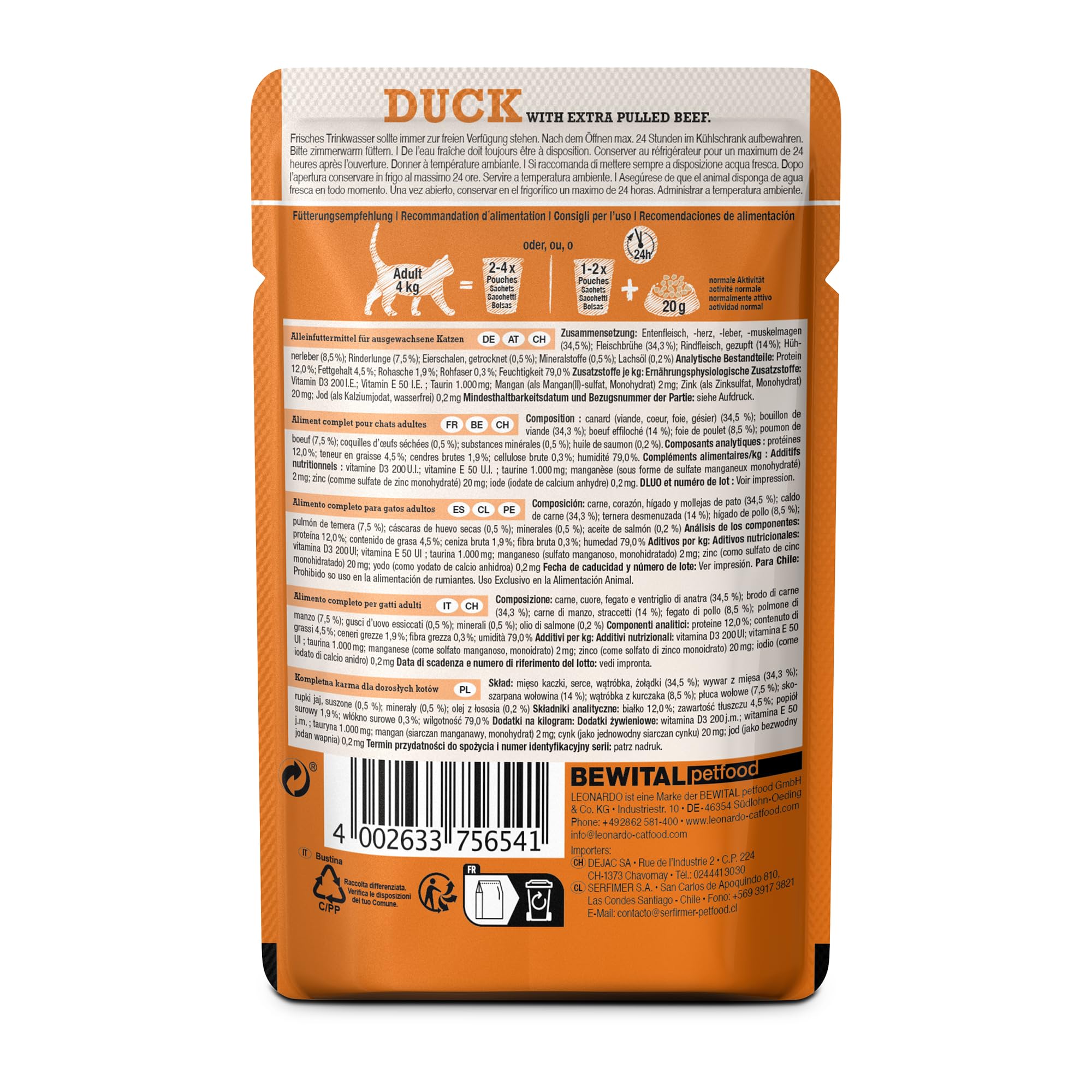 Leonardo Duck Pulled Beef Nassfutter Ente 16x70g getreidefrei