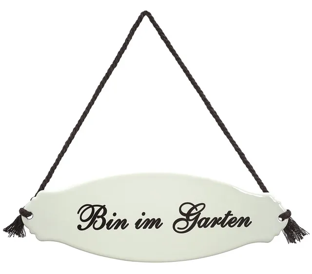 Dehner Premium Lovely Gartenschild Bin im Garten emailliert weiß