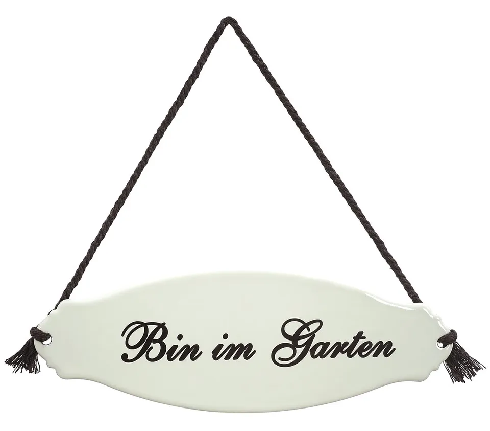 Dehner Premium Lovely Gartenschild Bin im Garten emailliert weiß