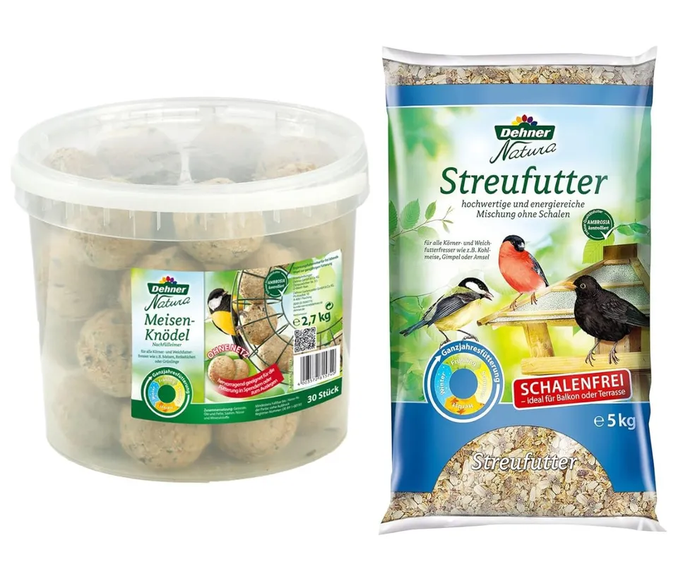 Dehner Natura Wildvogelfutter 5 kg + Meisenknödel 30 Stück schalenfrei
