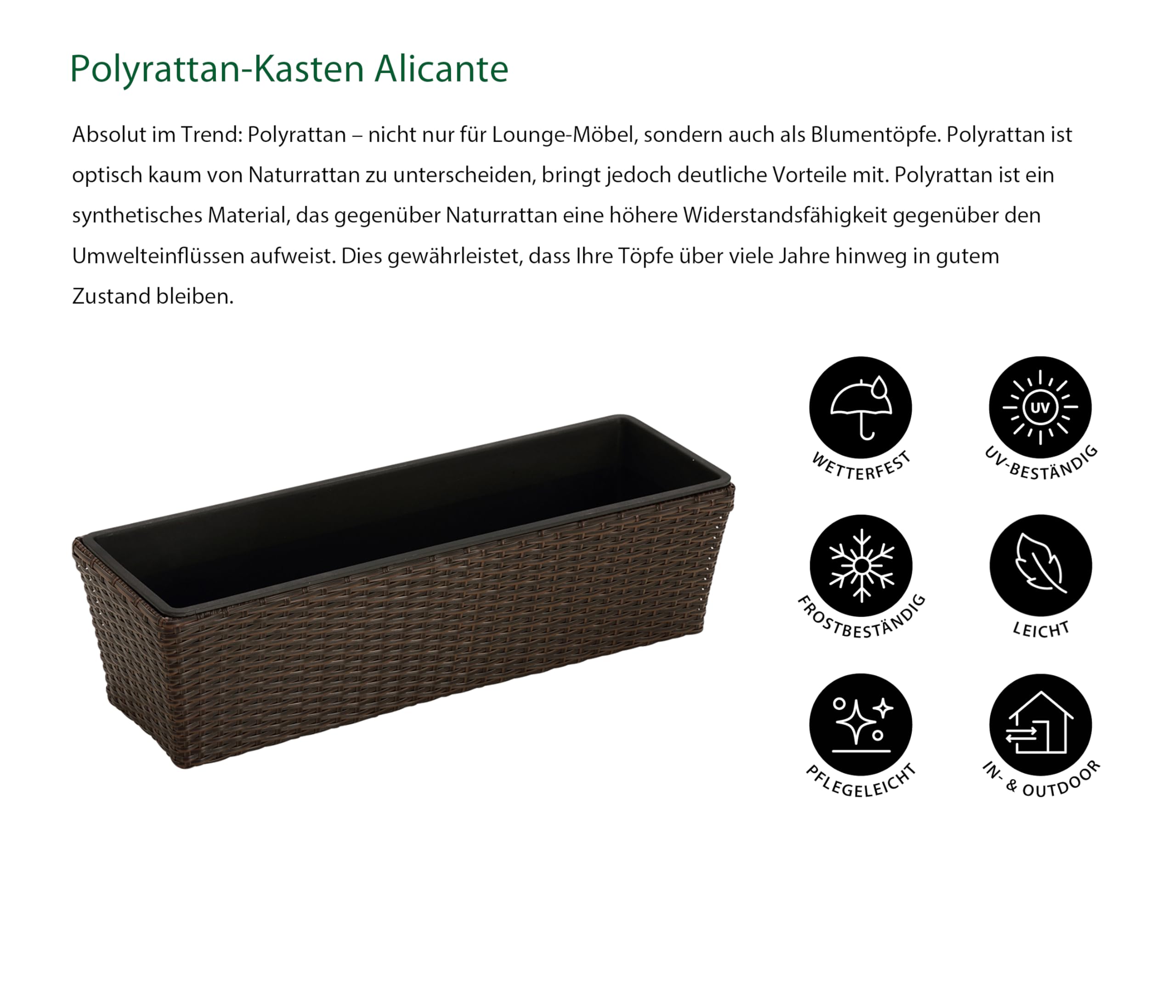 Dehner Blumenkasten Polyrattan 49x16cm braun mit Einsatz