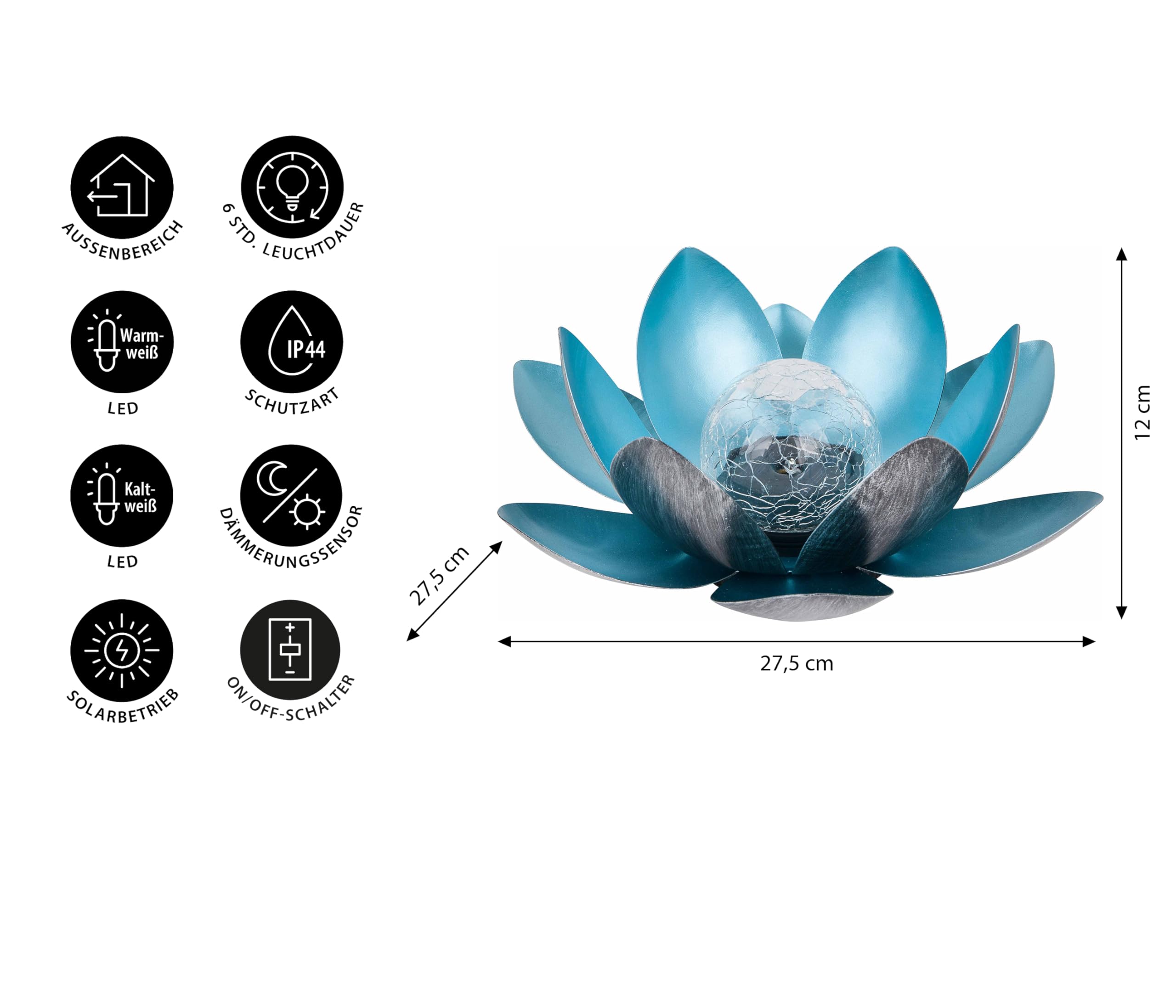 Dehner Premium Lovely Lotus Solarleuchte silber-blau Ø 27,5 cm