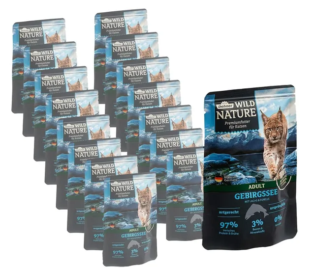 Dehner Wild Nature Gebirgssee Nassfutter Lachs 16x85g zuckerfrei