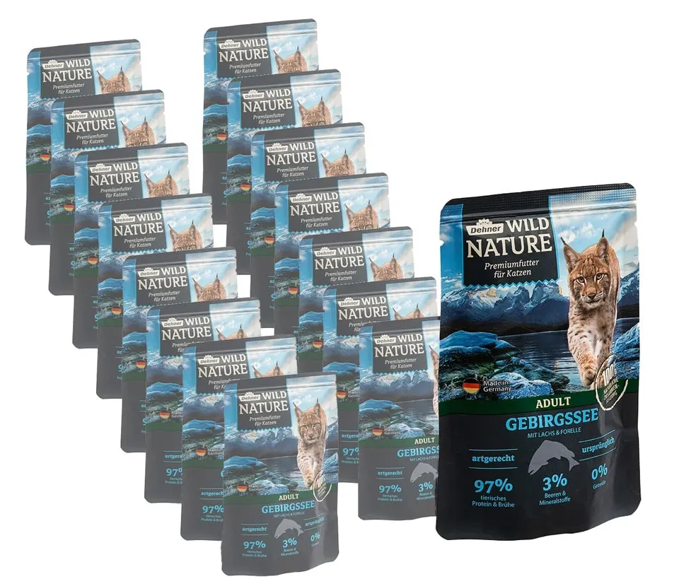 Dehner Wild Nature Gebirgssee Nassfutter Lachs 16x85g zuckerfrei