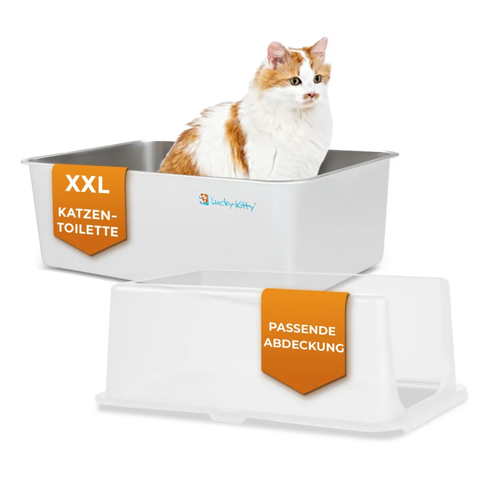 Lucky-Kitty Katzentoilette XXL Edelstahl Weiß mit Haube 50 l