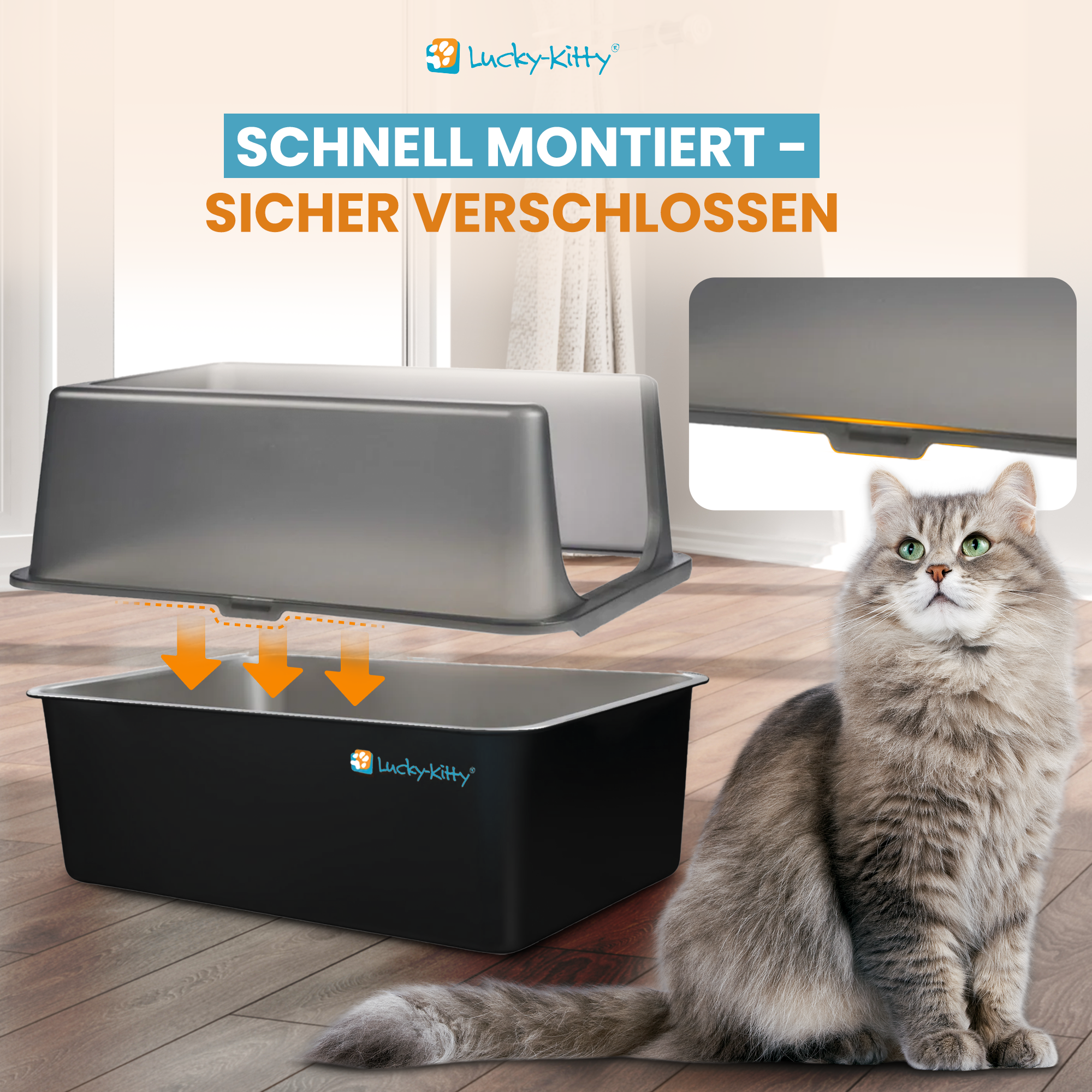 Lucky-Kitty XXL Katzentoilette Edelstahl Schwarz mit Haube