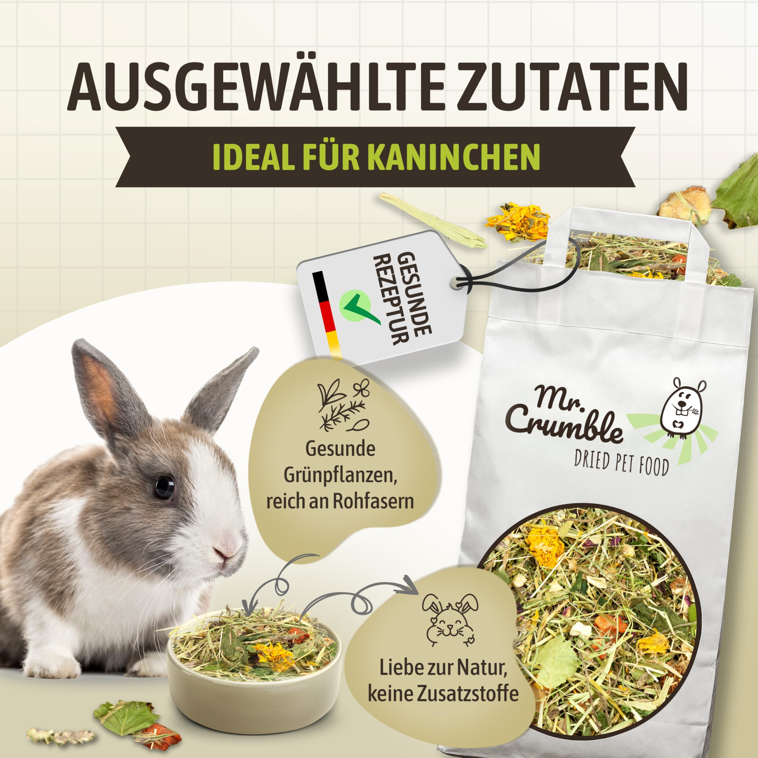 Mr. Crumble Hoppel Mix Kaninchenfutter 1 kg ohne Pellets rohfaserreich