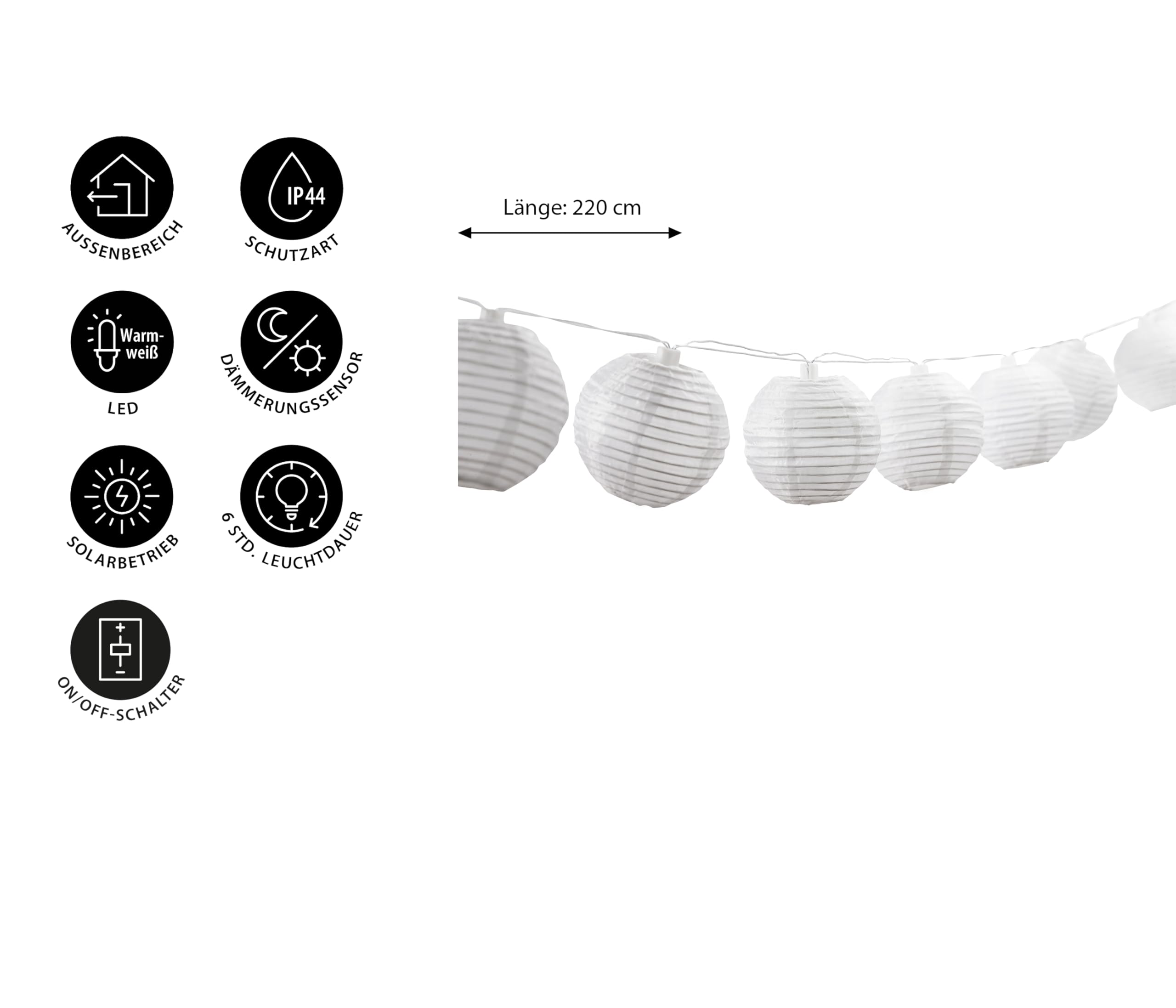 Dehner Lampion Solar-Lichterkette 240 cm weiß Nylon