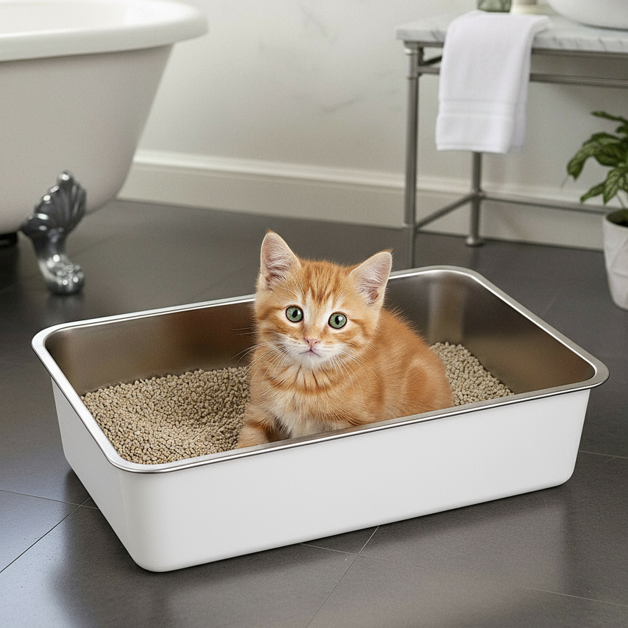 Lucky-Kitty Katzentoilette Kitten Edelstahl Weiß mattiert 40x30x10 cm