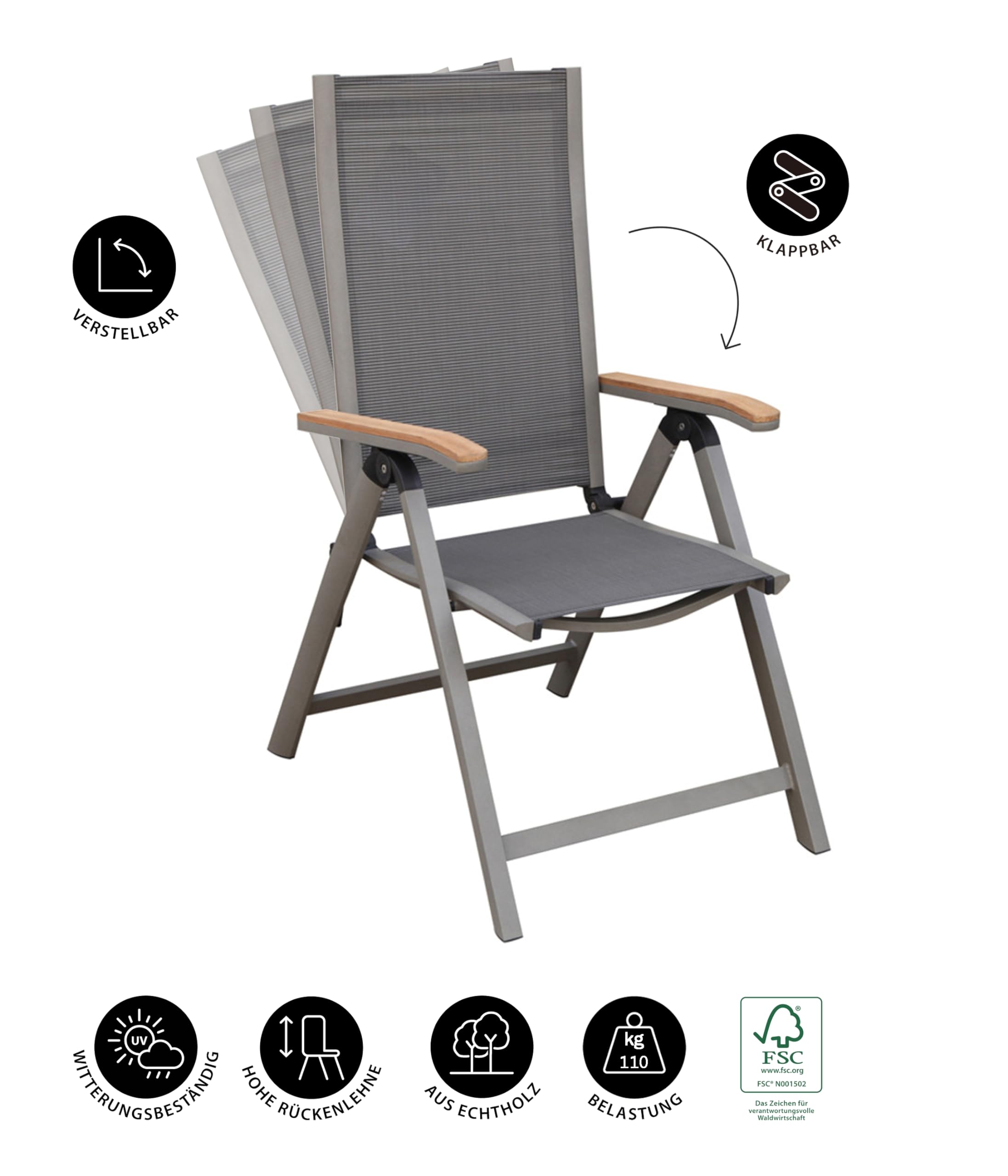 Dehner Premium Lovely Colmar Klappstuhl Teak Textilene grau