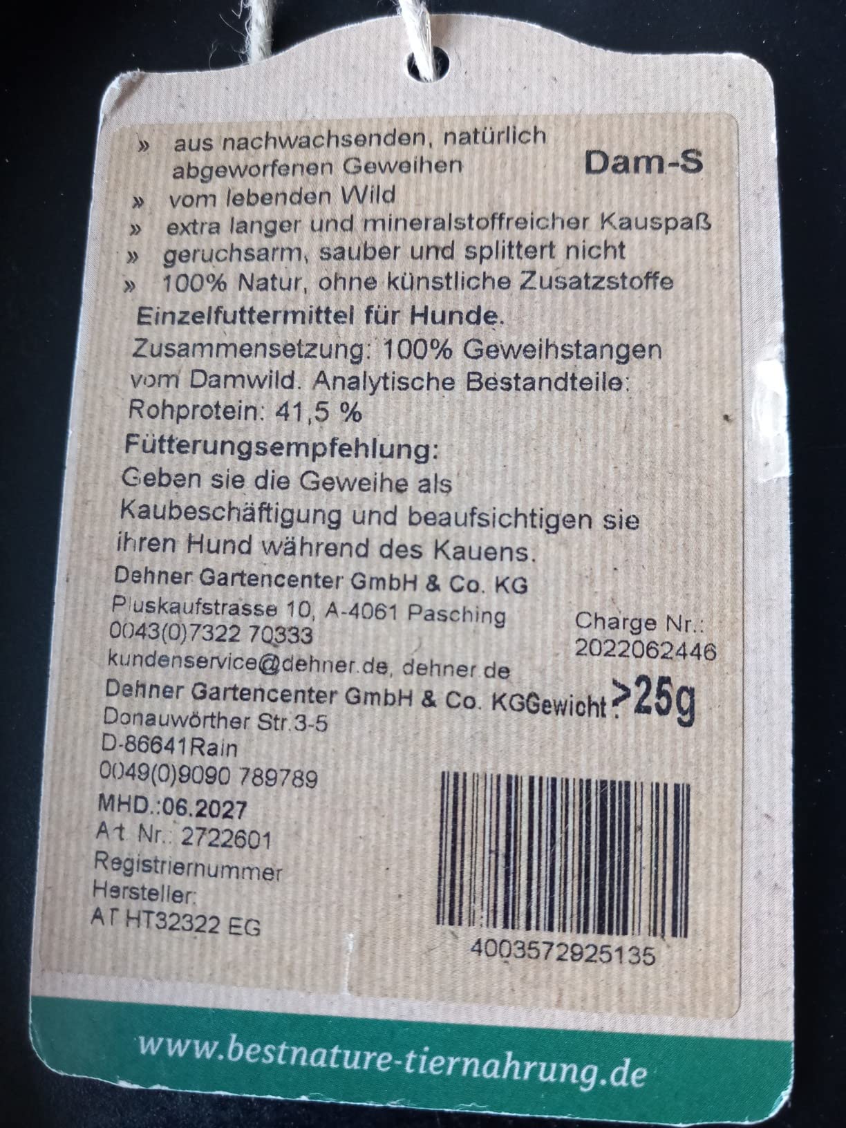 Dehner Best Nature Kaustange Damhirsch-Geweih S für Hunde 8-15kg