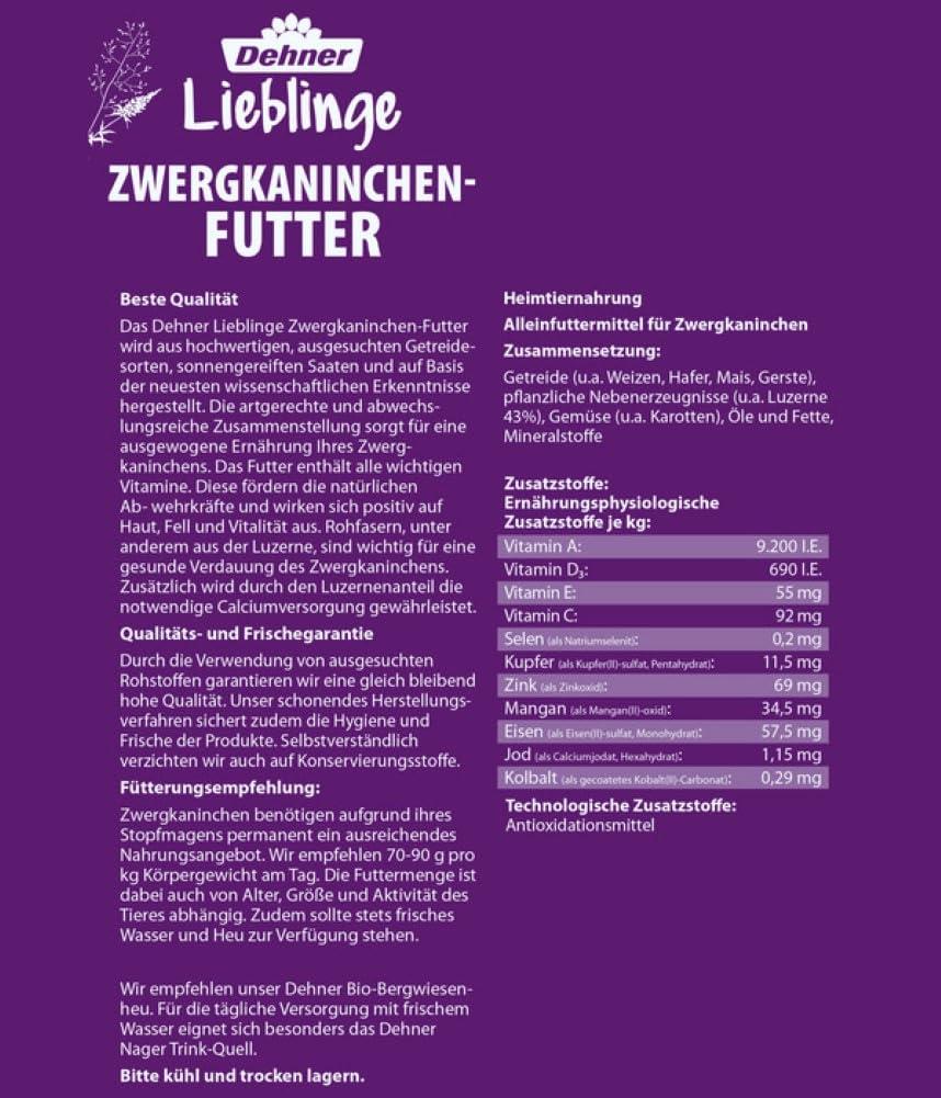 Dehner Zwergkaninchenfutter Adult 5kg Luzerne-Karotte zuckerfrei