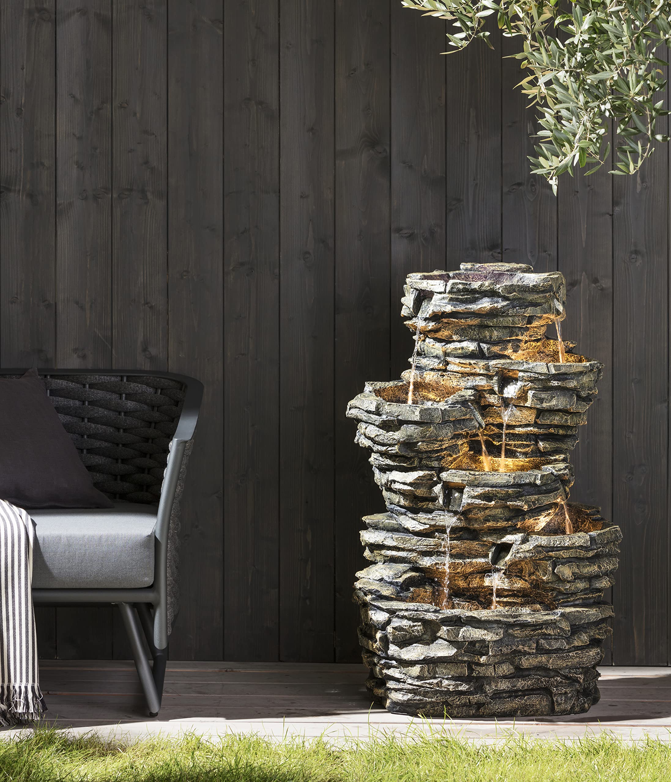 Dehner Largo Gartenbrunnen Steinoptik LED braun