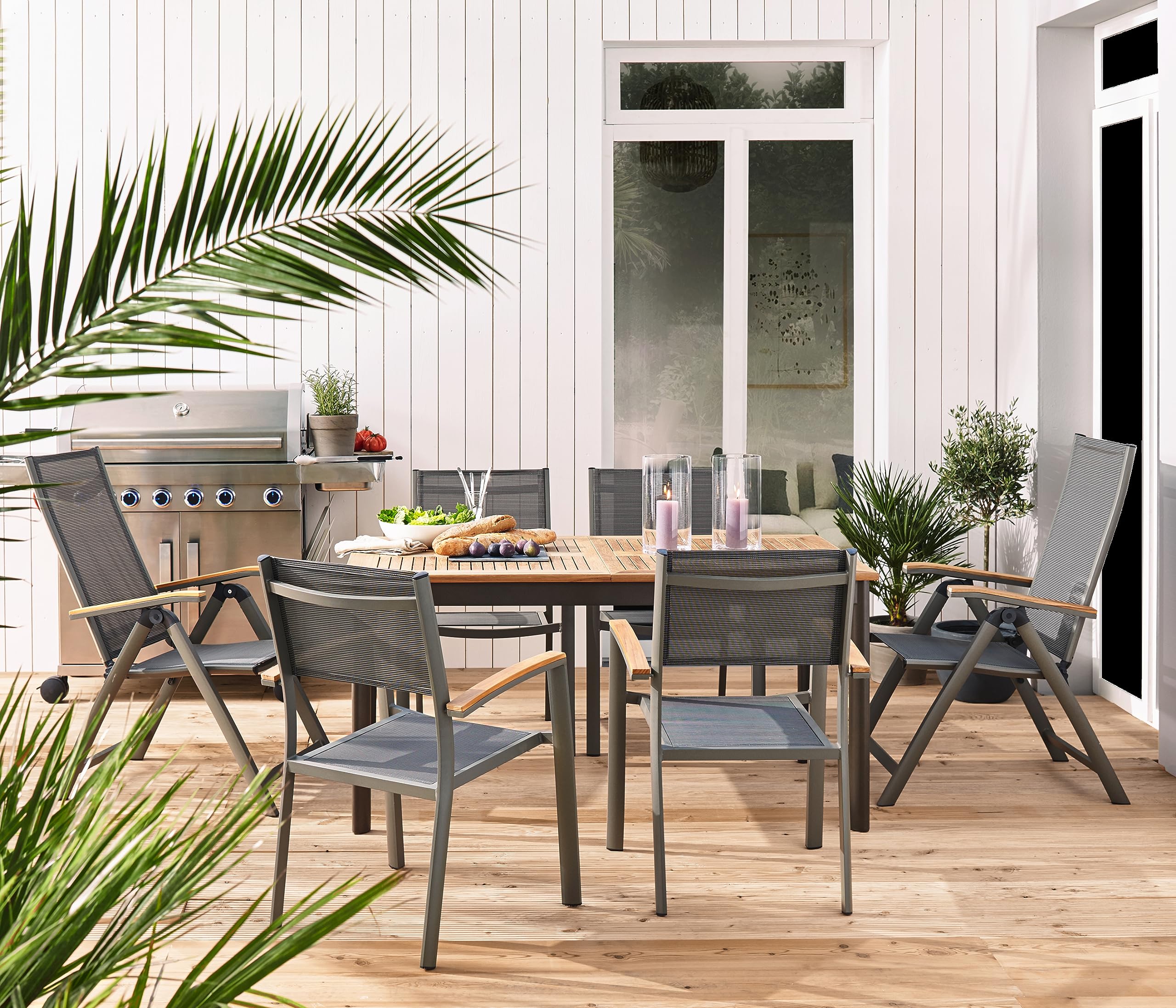 Dehner Premium Lovely Colmar Klappstuhl Teak Textilene grau