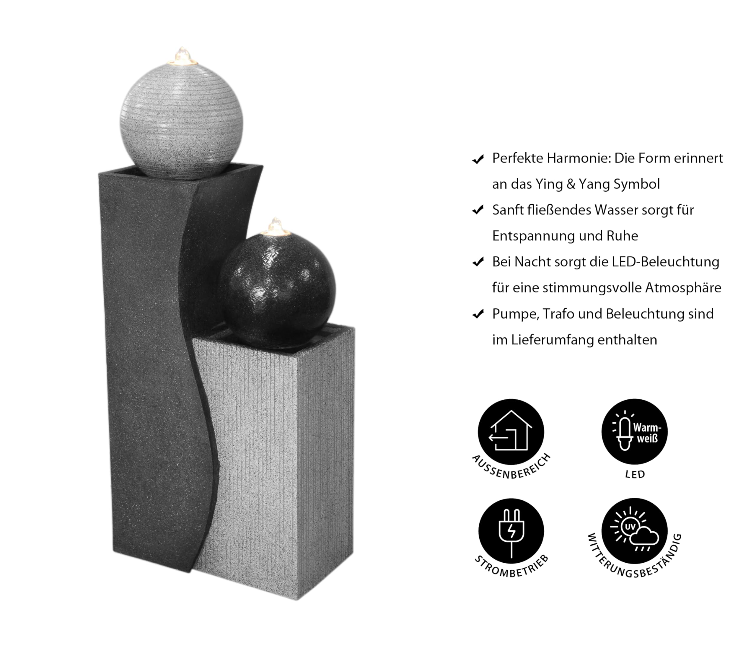 Dehner Ying Yang Gartenbrunnen 94 cm grau LED