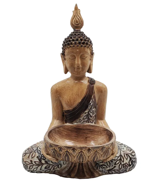 Dehner Buddha Gartenfigur Holzoptik mit Pflanzschale frostsicher