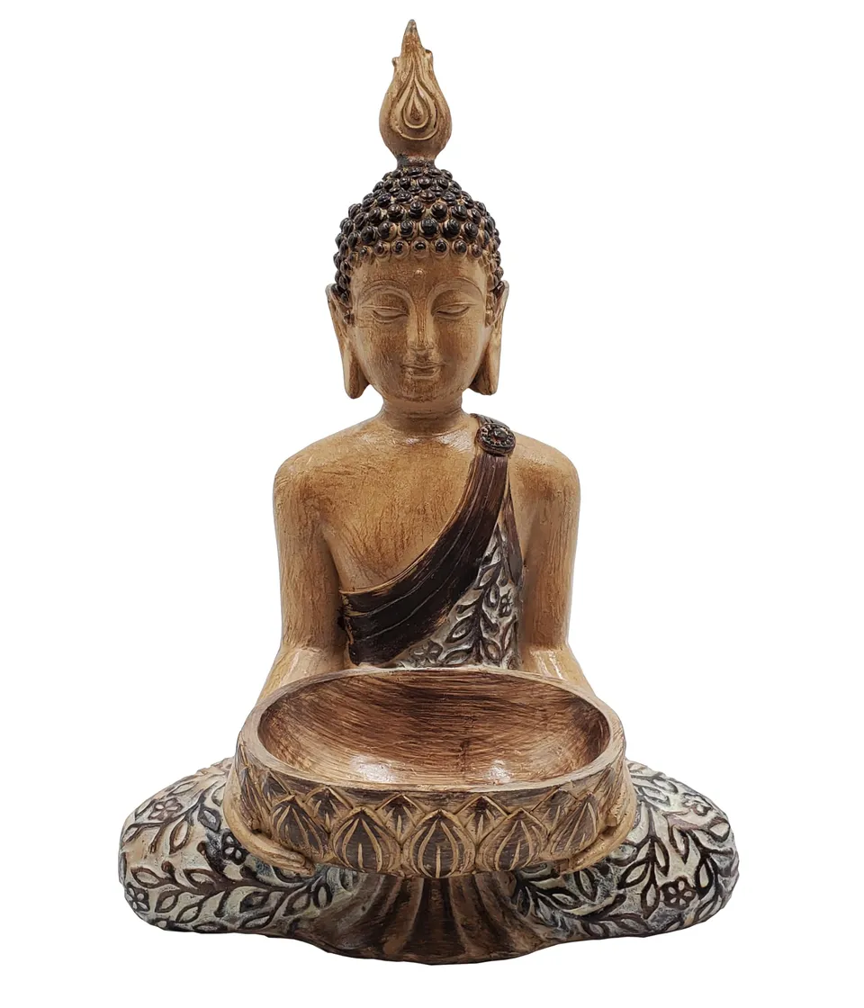 Dehner Buddha Gartenfigur Holzoptik mit Pflanzschale frostsicher