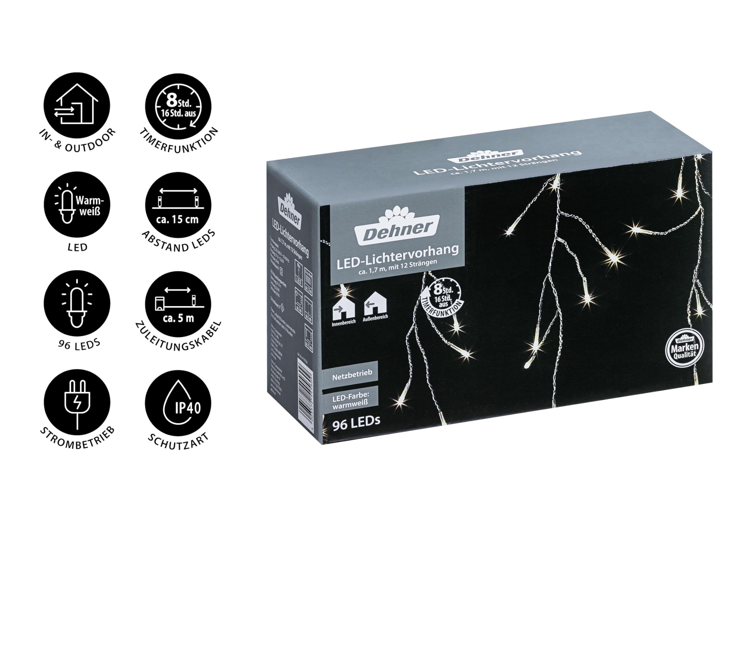 Dehner LED-Lichtervorhang 165 cm 60 LEDs warmweiß