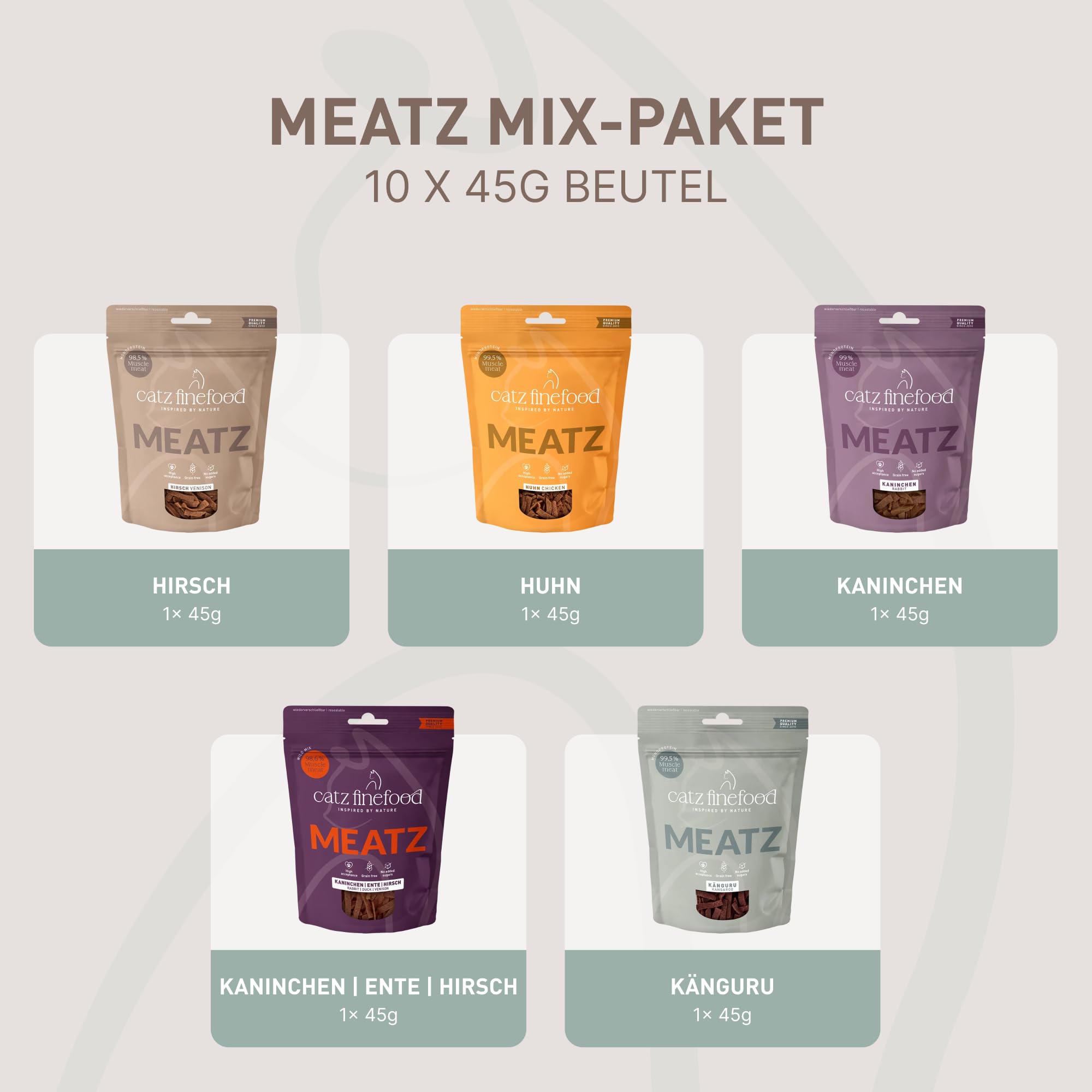 catz finefood Meatz Snack Fleischstreifen Mix-Paket 10x45g getreidefrei