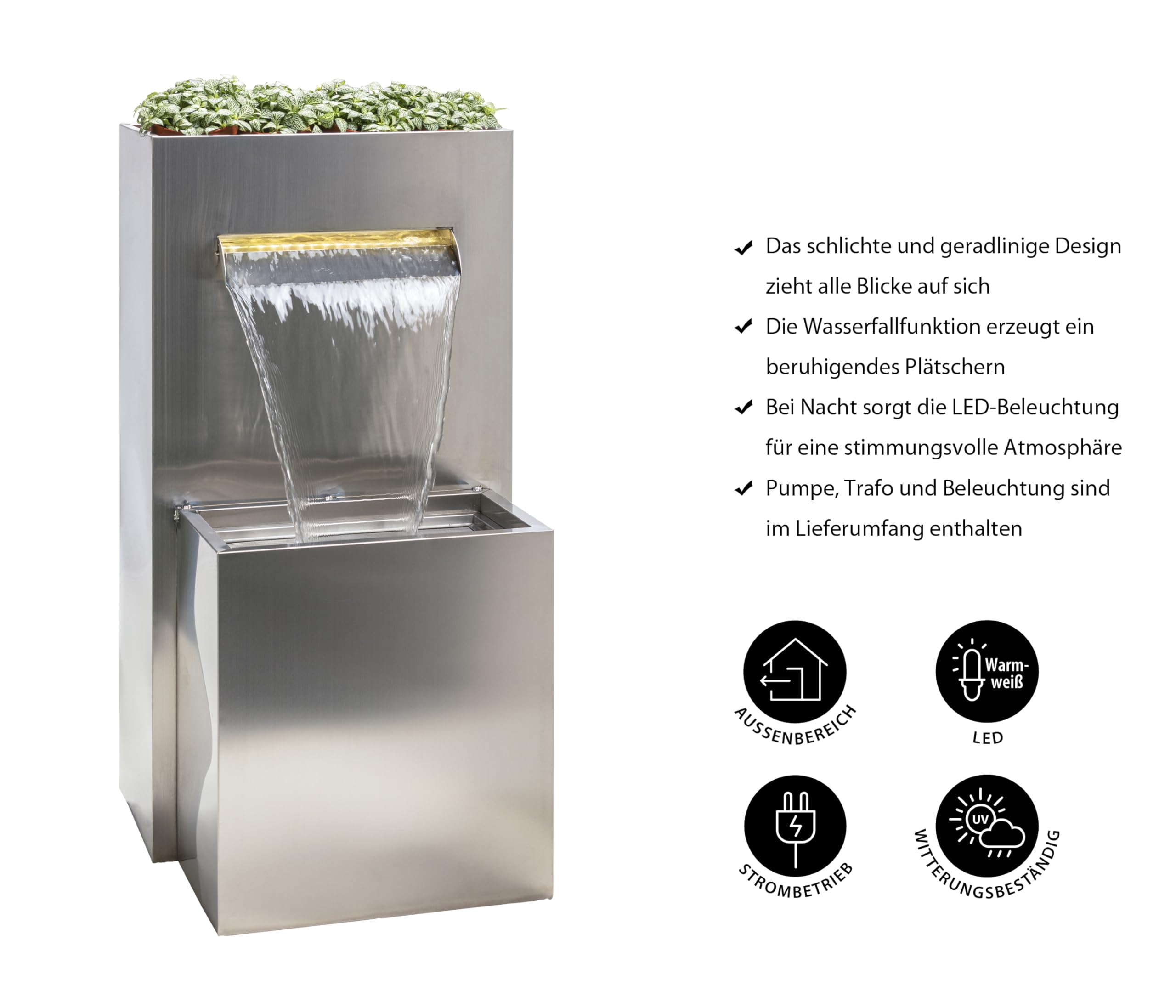 Dehner Gartenbrunnen Dallas 89x46x44 cm Edelstahl LED silber