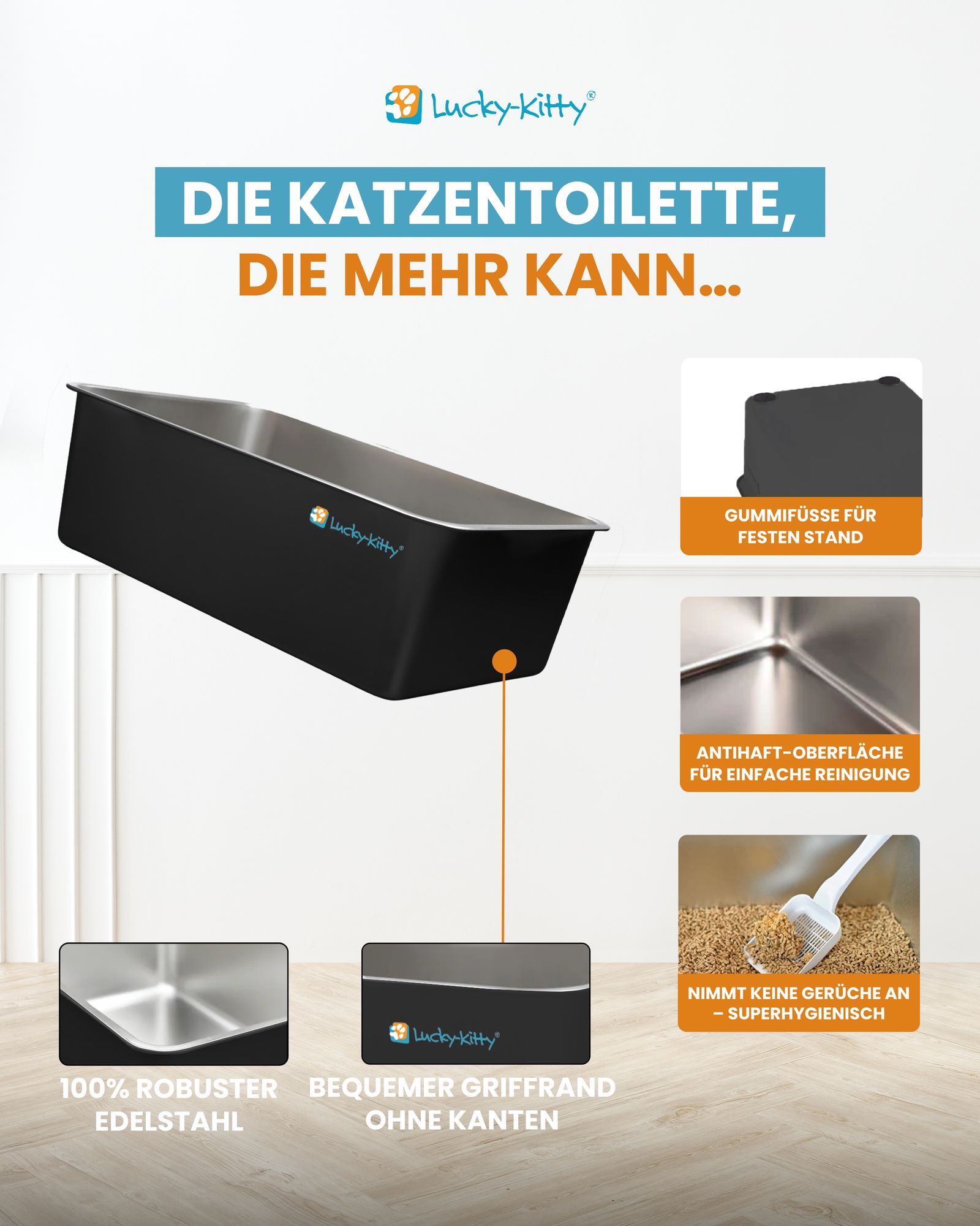 Lucky-Kitty XXL Katzentoilette Edelstahl Schwarz mit Haube