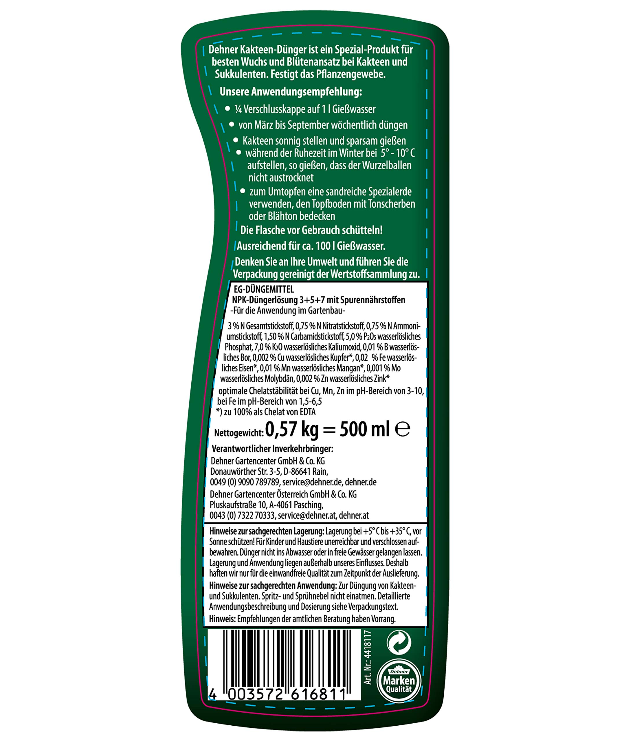 Dehner Kakteen- Sukkulentendünger flüssig 500ml NPK