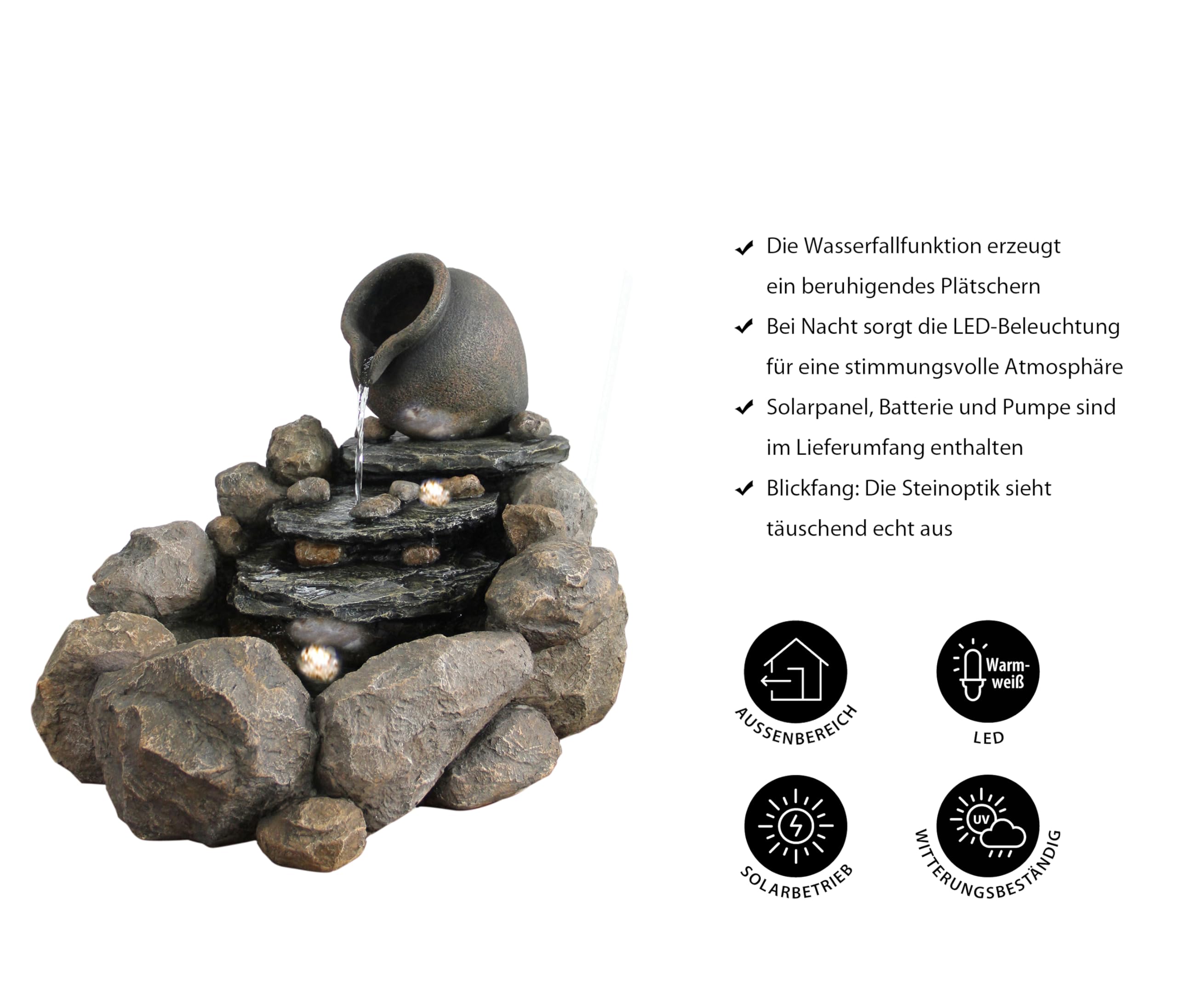 Dehner Soltero Gartenbrunnen Solar LED 54cm Polyresin grau