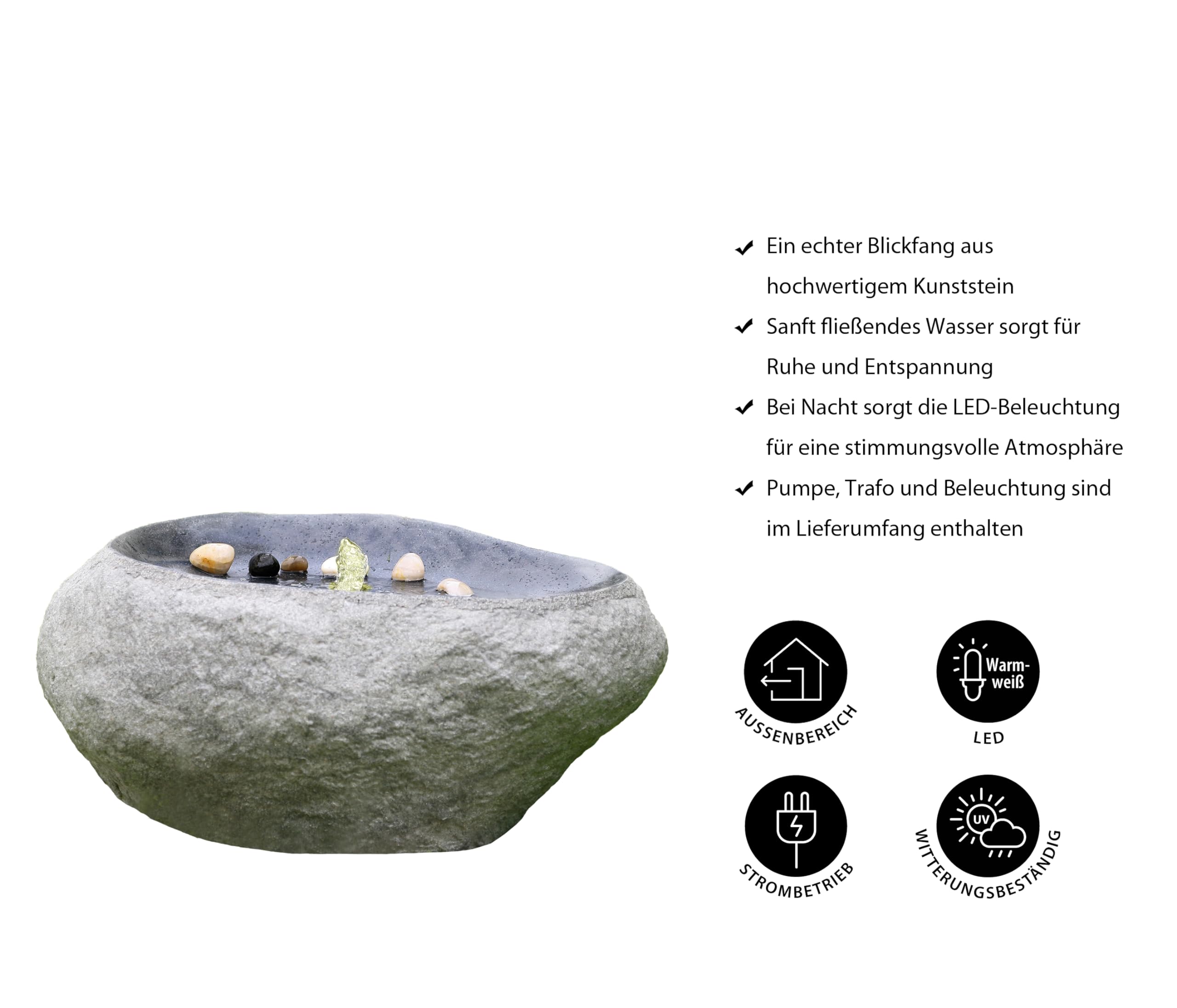 Dehner Gartenbrunnen Rock LED Findling 60cm grau Polyresin