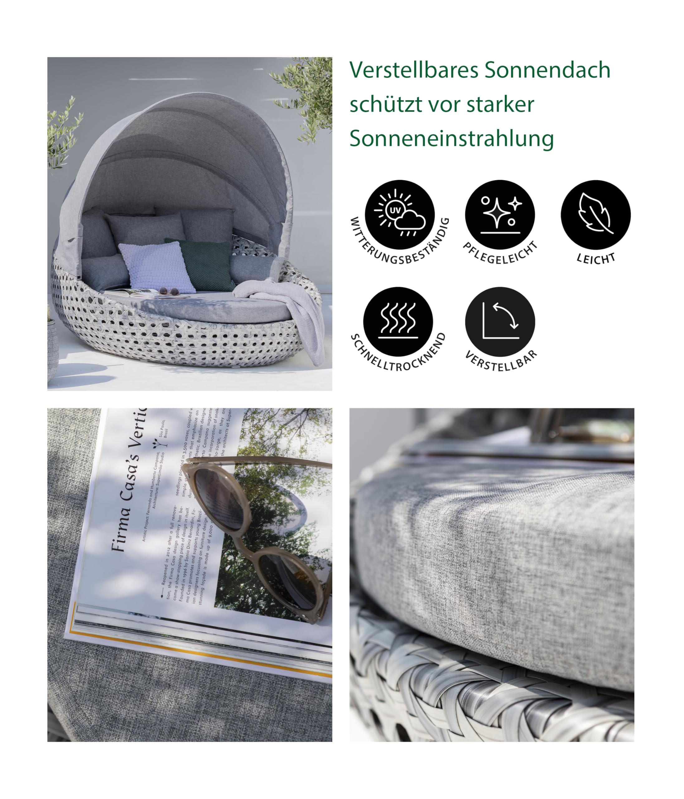 Dehner Miami Sunlounger 220x82 grau-weiß mit Dach