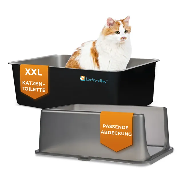 Lucky-Kitty XXL Katzentoilette Edelstahl Schwarz mit Haube