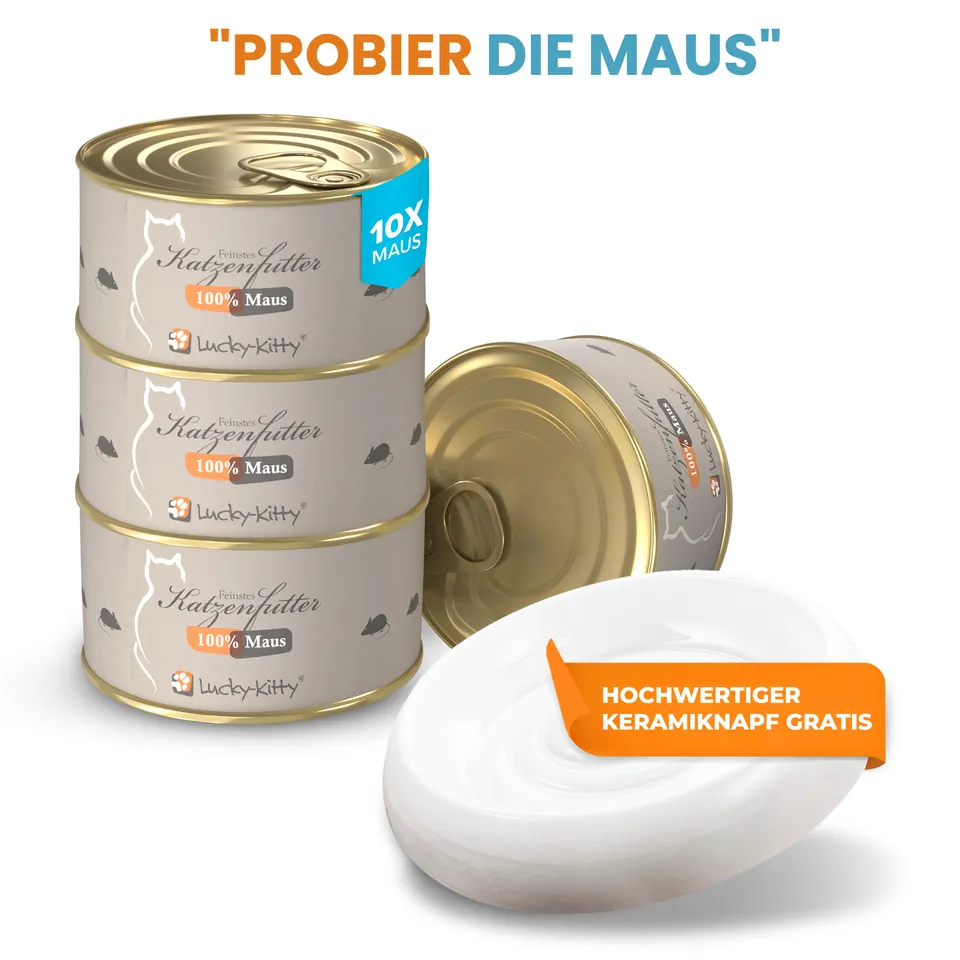 Lucky-Kitty Maus Pur Katzenfutter 10x100g mit Napf getreidefrei