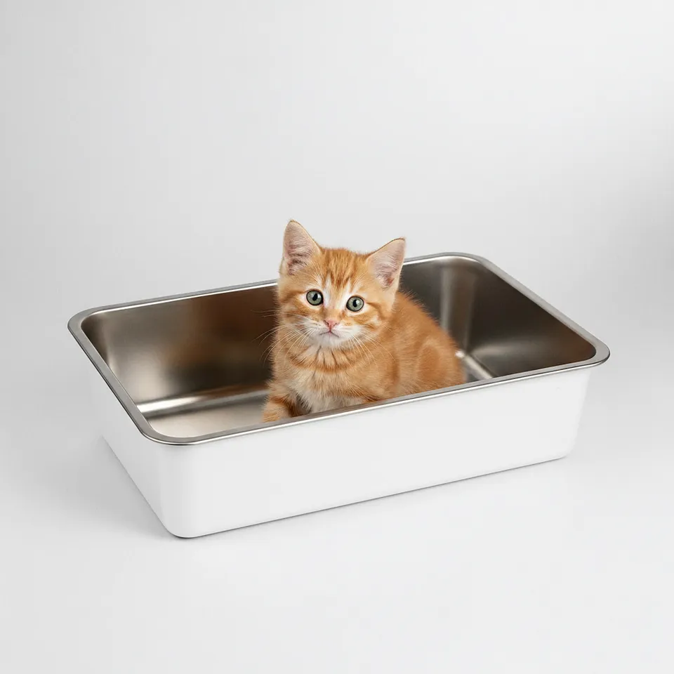 Lucky-Kitty Katzentoilette Kitten Edelstahl Weiß mattiert 40x30x10 cm