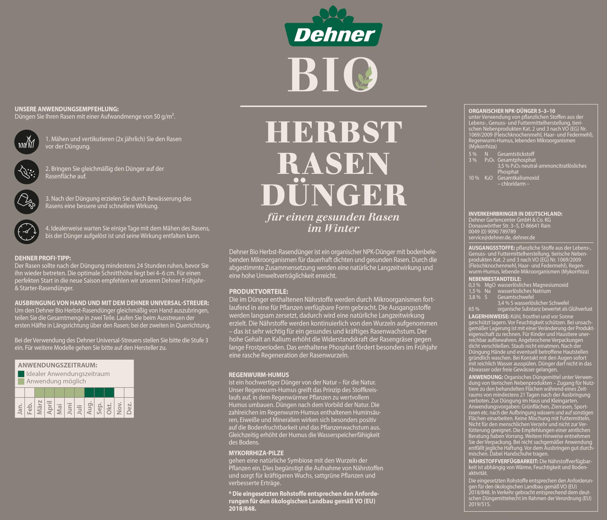 Dehner Bio Herbst-Rasendünger 10,05 kg für 200 qm organisch