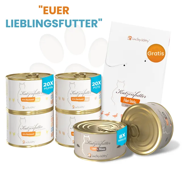 Lucky-Kitty Lieblingsfutter Nassfutter Mix 48 Dosen Huhn Pute Maus