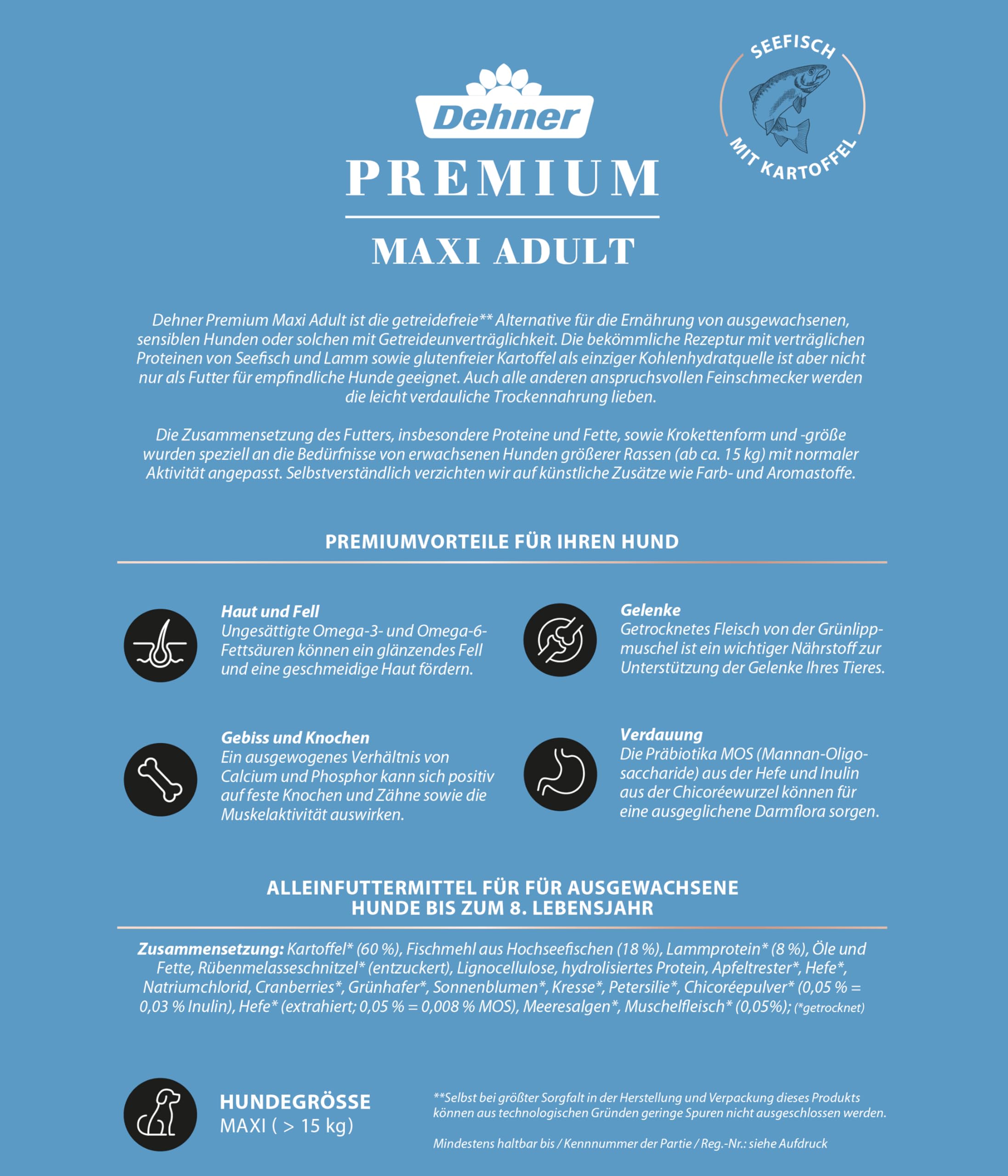 Dehner Premium Maxi Adult Trockenfutter Seefisch Lamm 12,5 kg