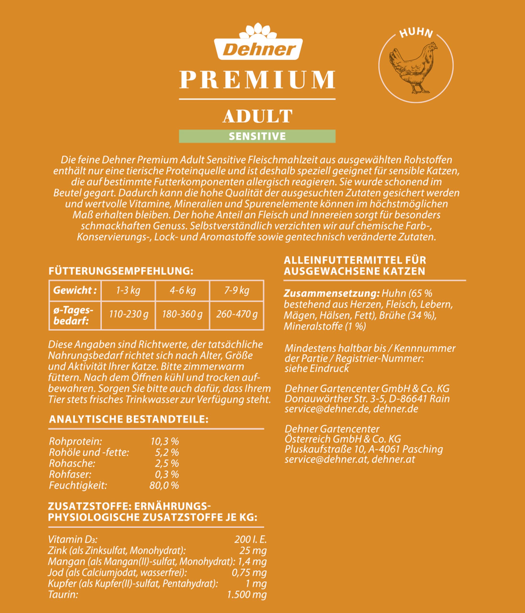 Dehner Premium Sensitiv Katzennassfutter Huhn 12x100g Single-Protein